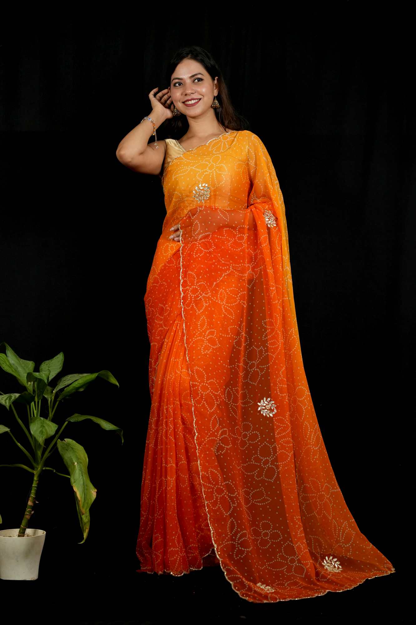 Gota Patti Bandhej Prestitched Saree