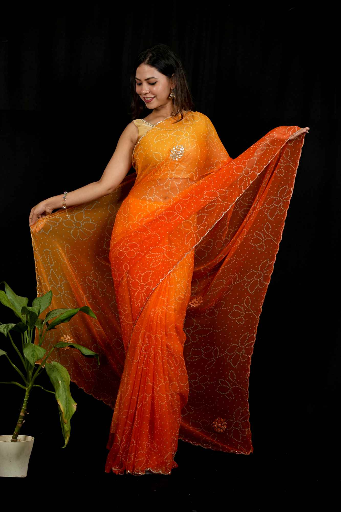 Gota Patti Bandhej Prestitched Saree