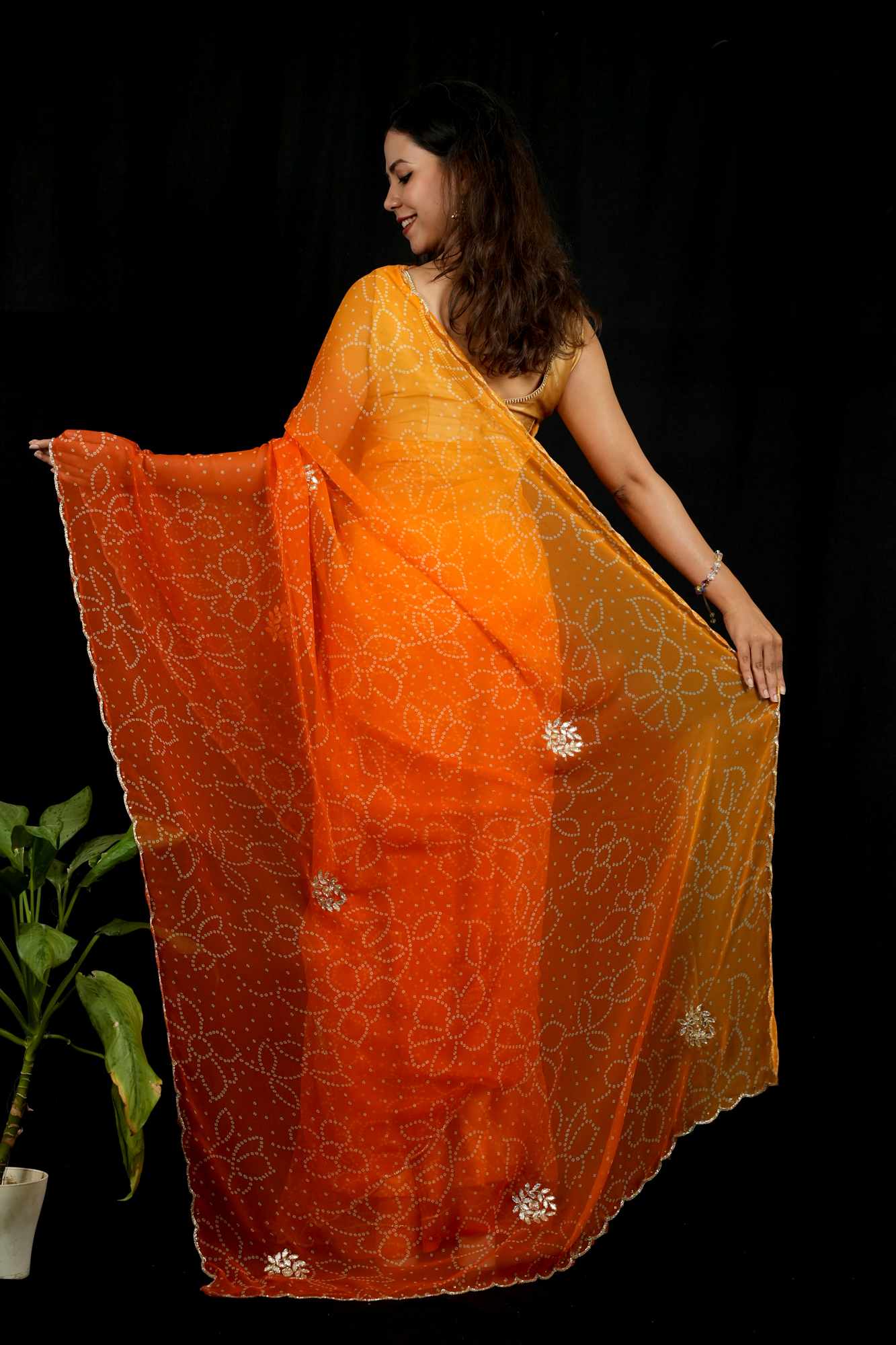 Gota Patti Bandhej Prestitched Saree
