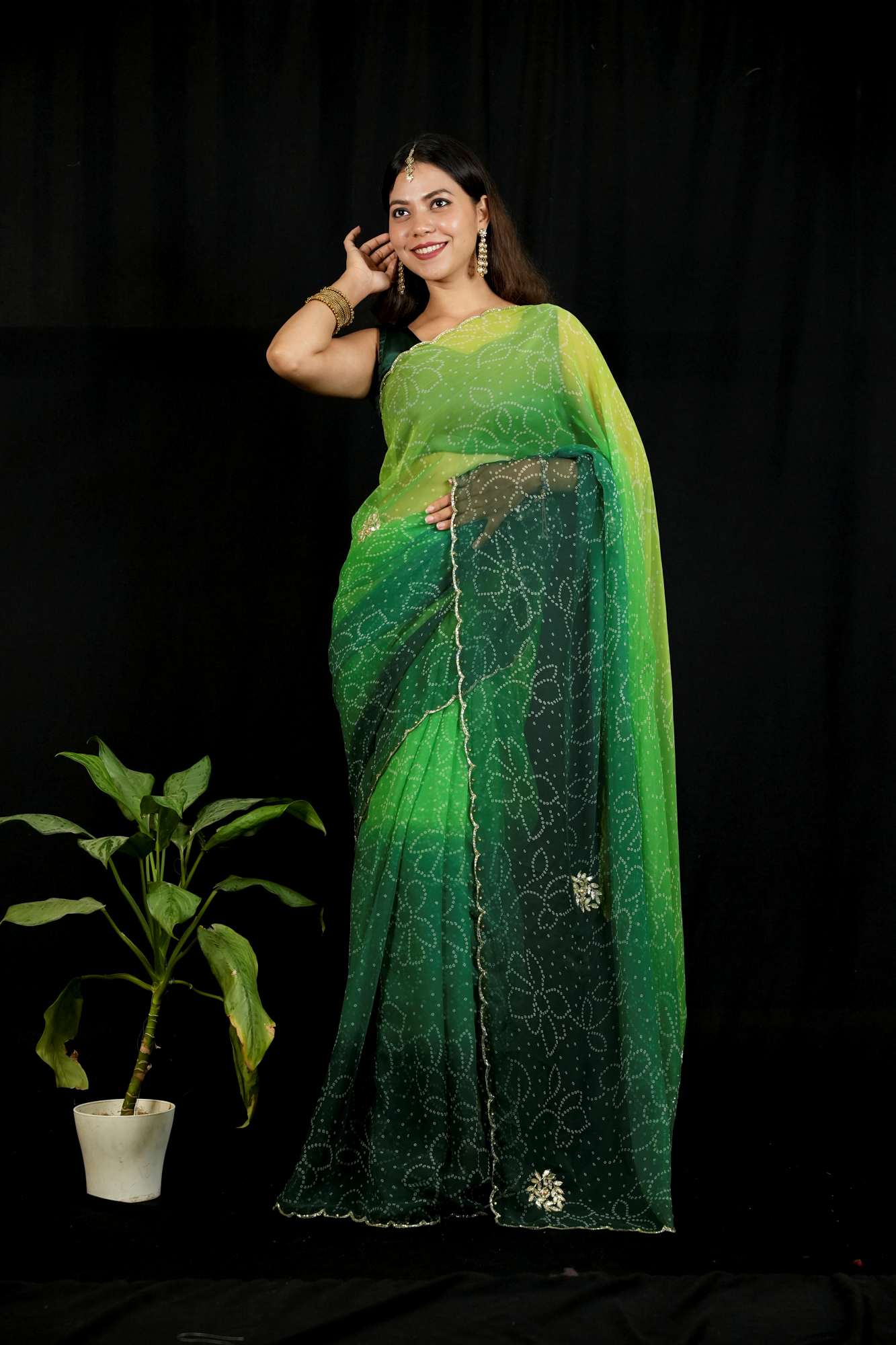 Green Tone Cut Dana work Chiffon Bandhej Ready To Wear Saree