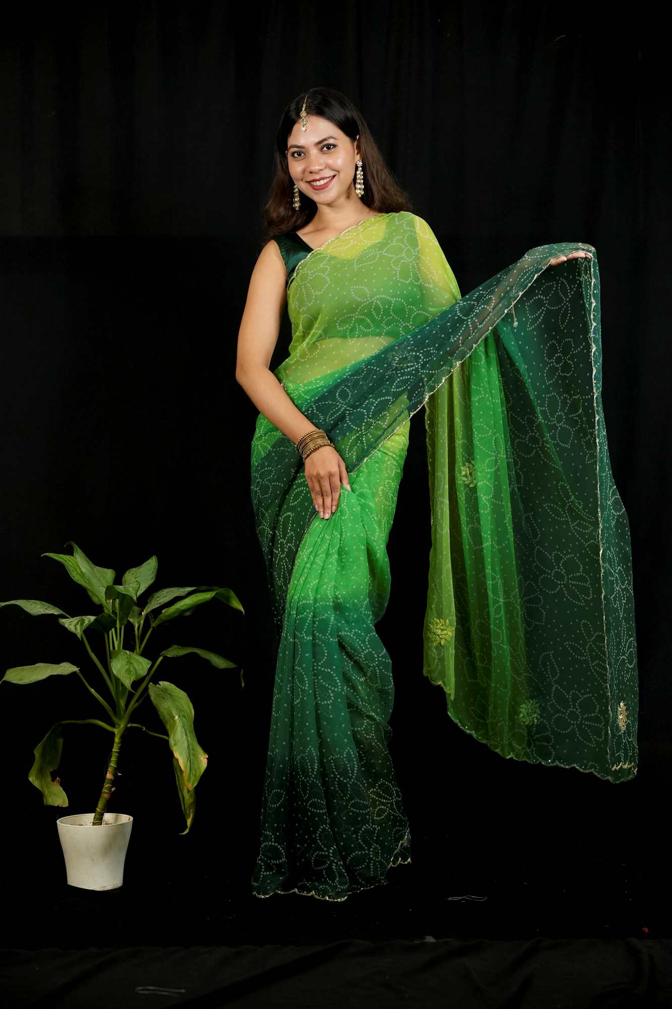 Green Tone Cut Dana work Chiffon Bandhej Ready To Wear Saree