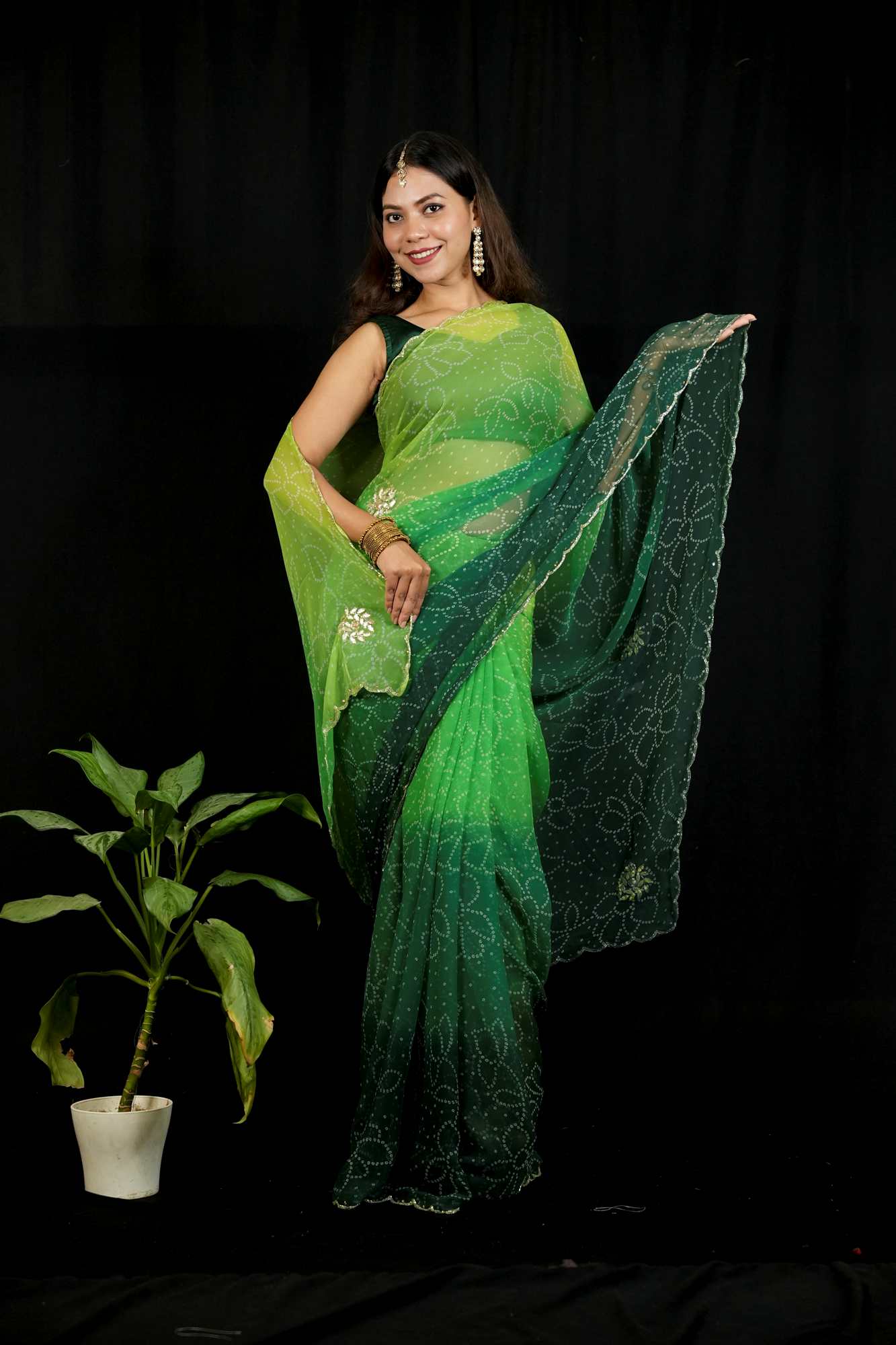 Green Tone Cut Dana work Chiffon Bandhej Ready To Wear Saree