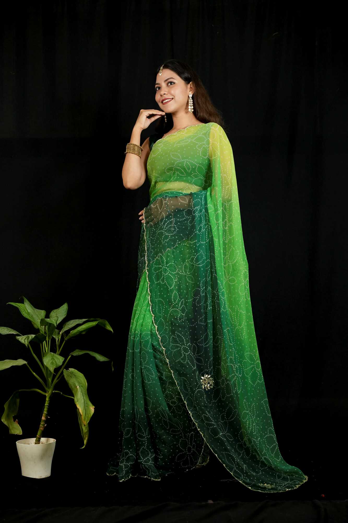 Green Tone Cut Dana work Chiffon Bandhej Ready To Wear Saree