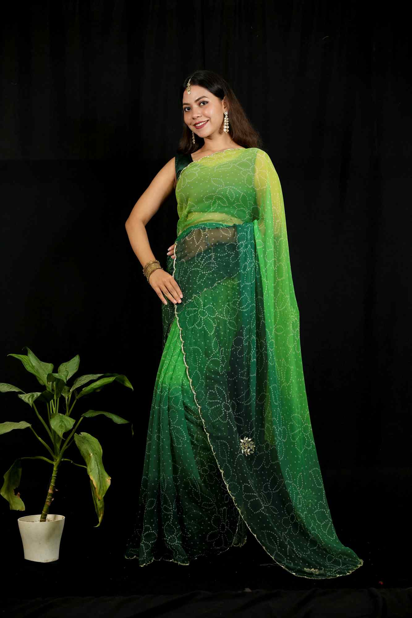 Green Tone Cut Dana work Chiffon Bandhej Ready To Wear Saree