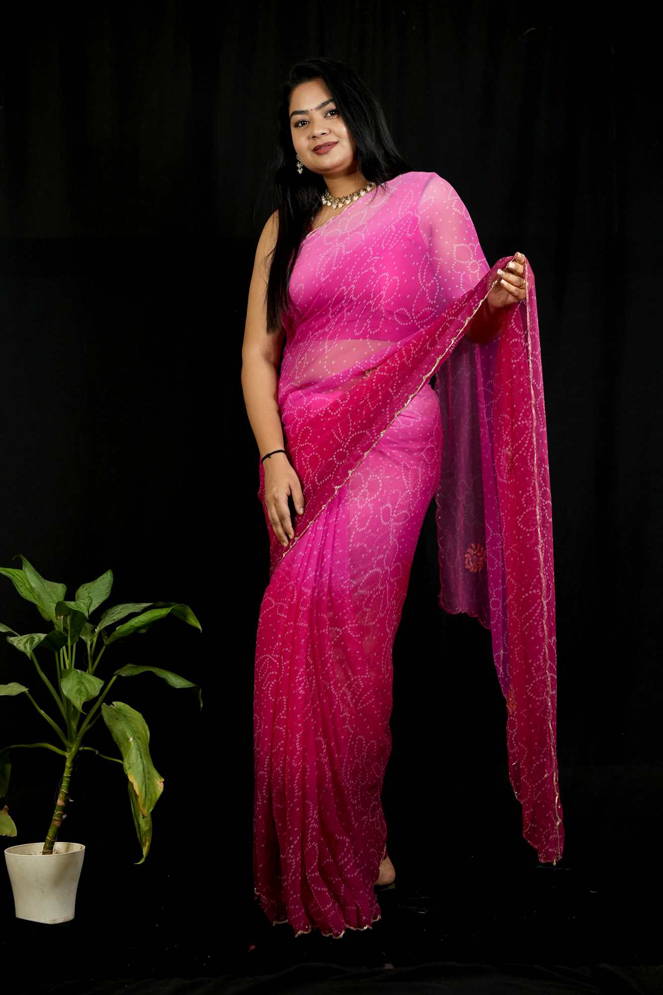 Cut Dana work Chiffon Bandhej Ready To Wear Saree