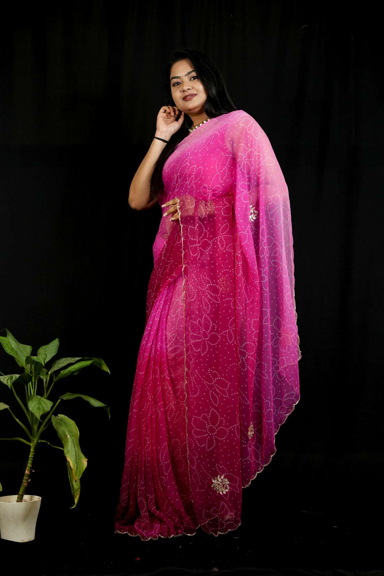 Cut Dana work Chiffon Bandhej Ready To Wear Saree