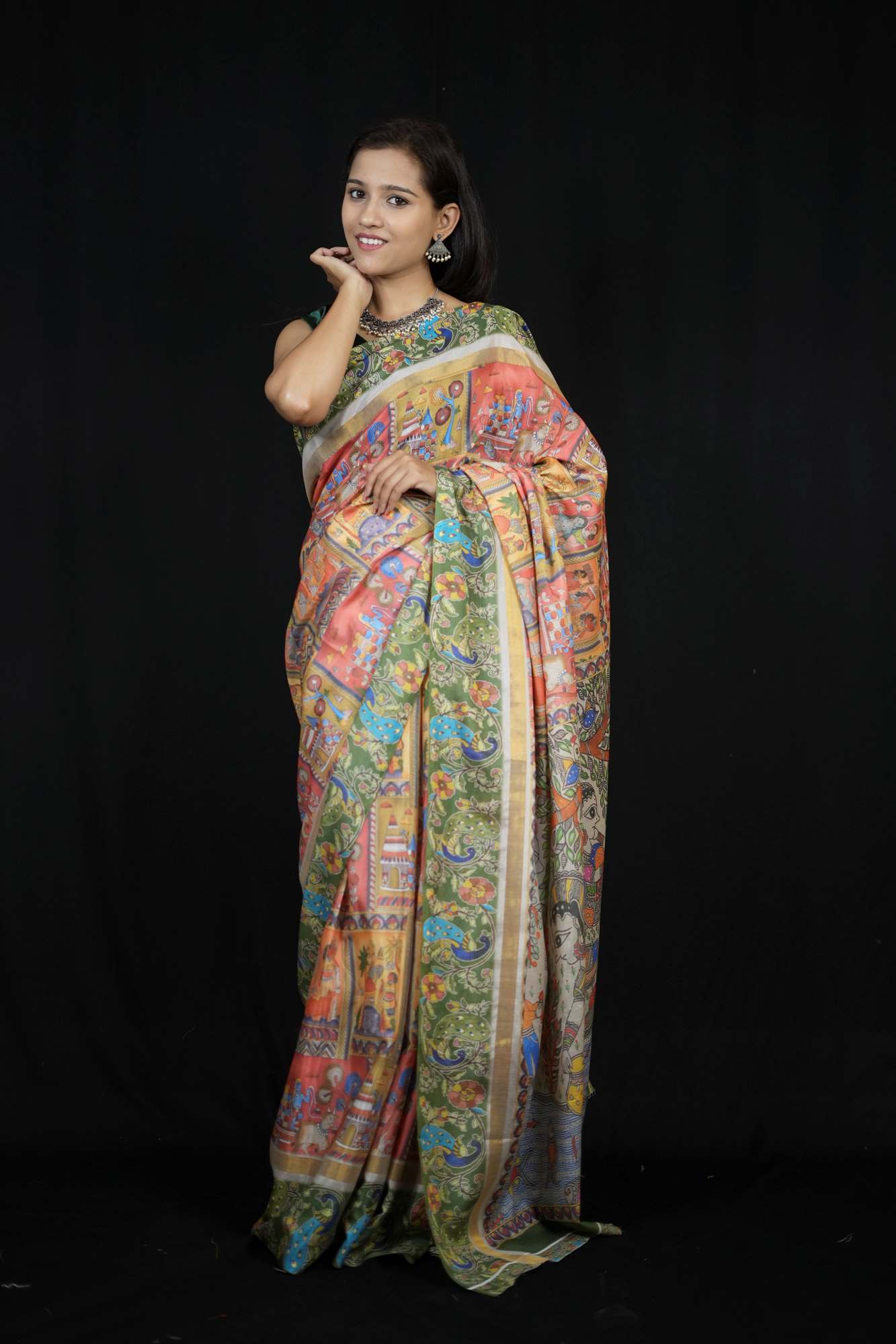 Cotton Silk bend light weight Madhubani Pichwai Artwork Printed Ready To Wear Saree