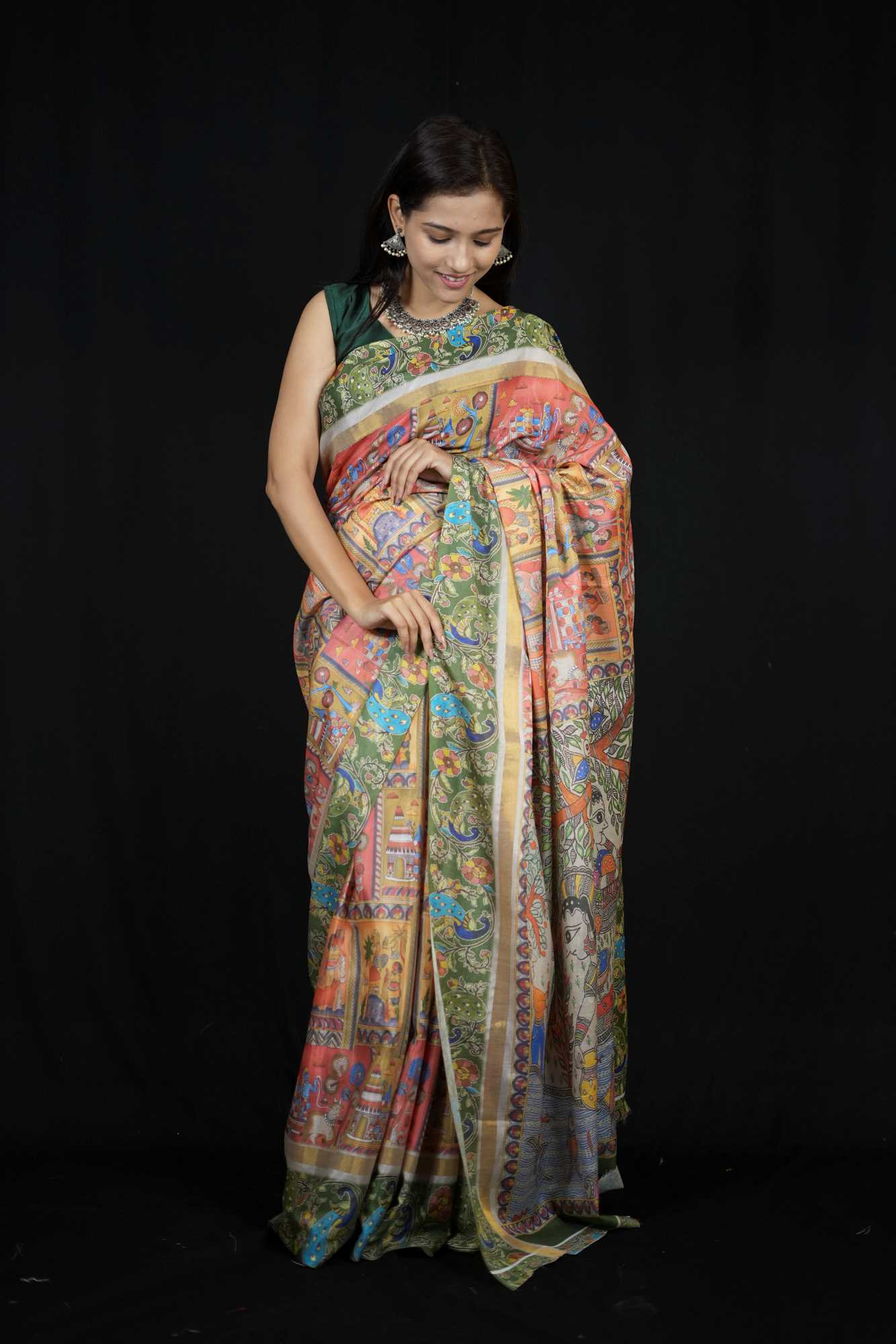 Cotton Silk bend light weight Madhubani Pichwai Artwork Printed Ready To Wear Saree