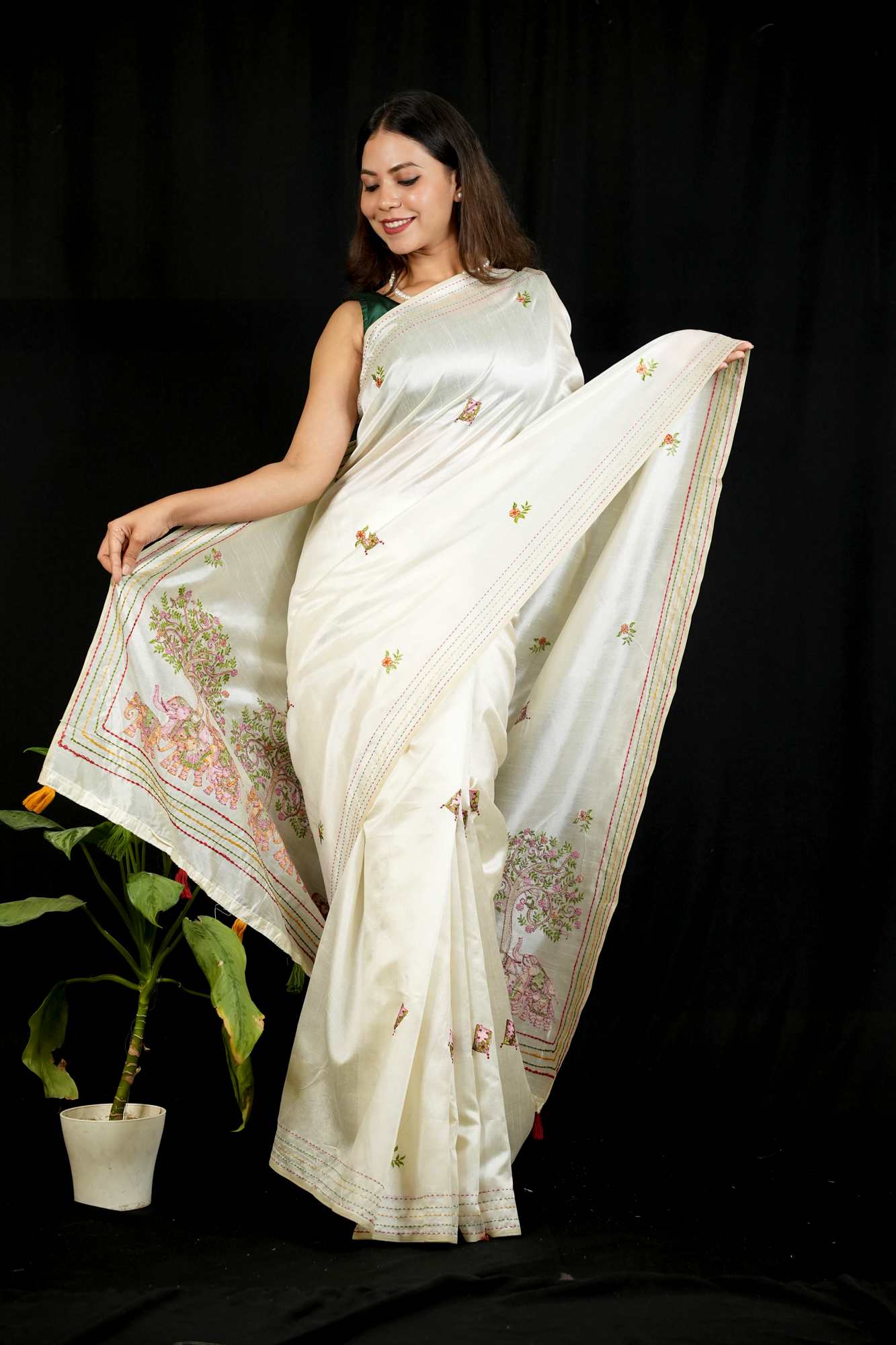 Traditional Multi Thread Art Work Pallu Ready To Wear Saree