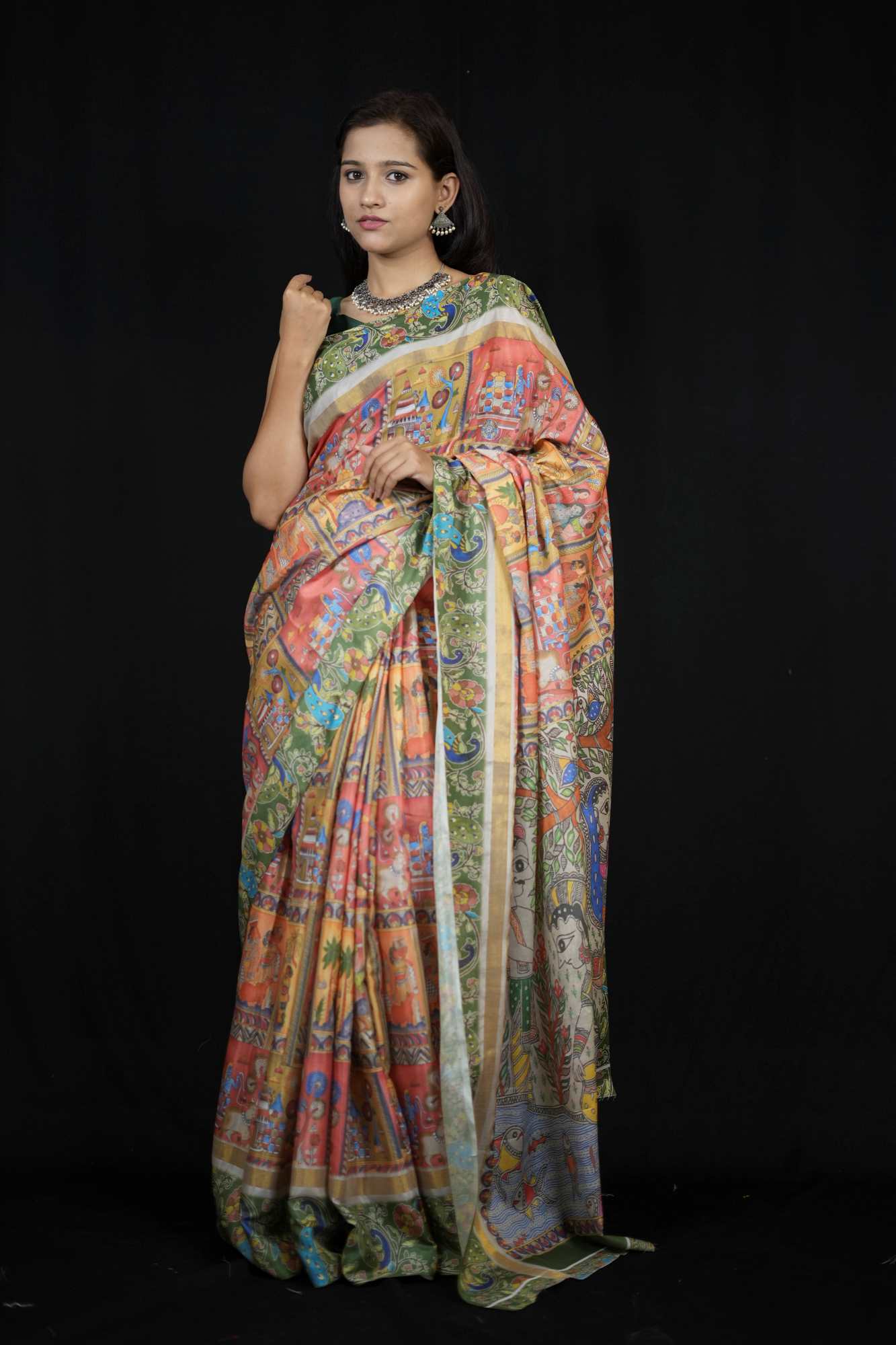 Cotton Silk bend light weight Madhubani Pichwai Artwork Printed Ready To Wear Saree