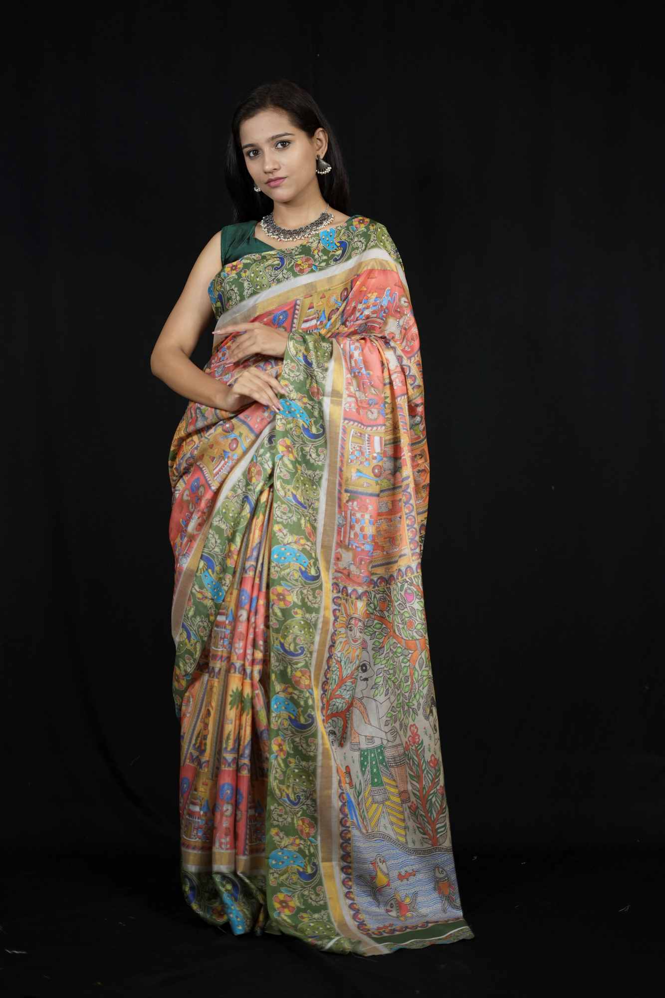 Cotton Silk bend light weight Madhubani Pichwai Artwork Printed Ready To Wear Saree