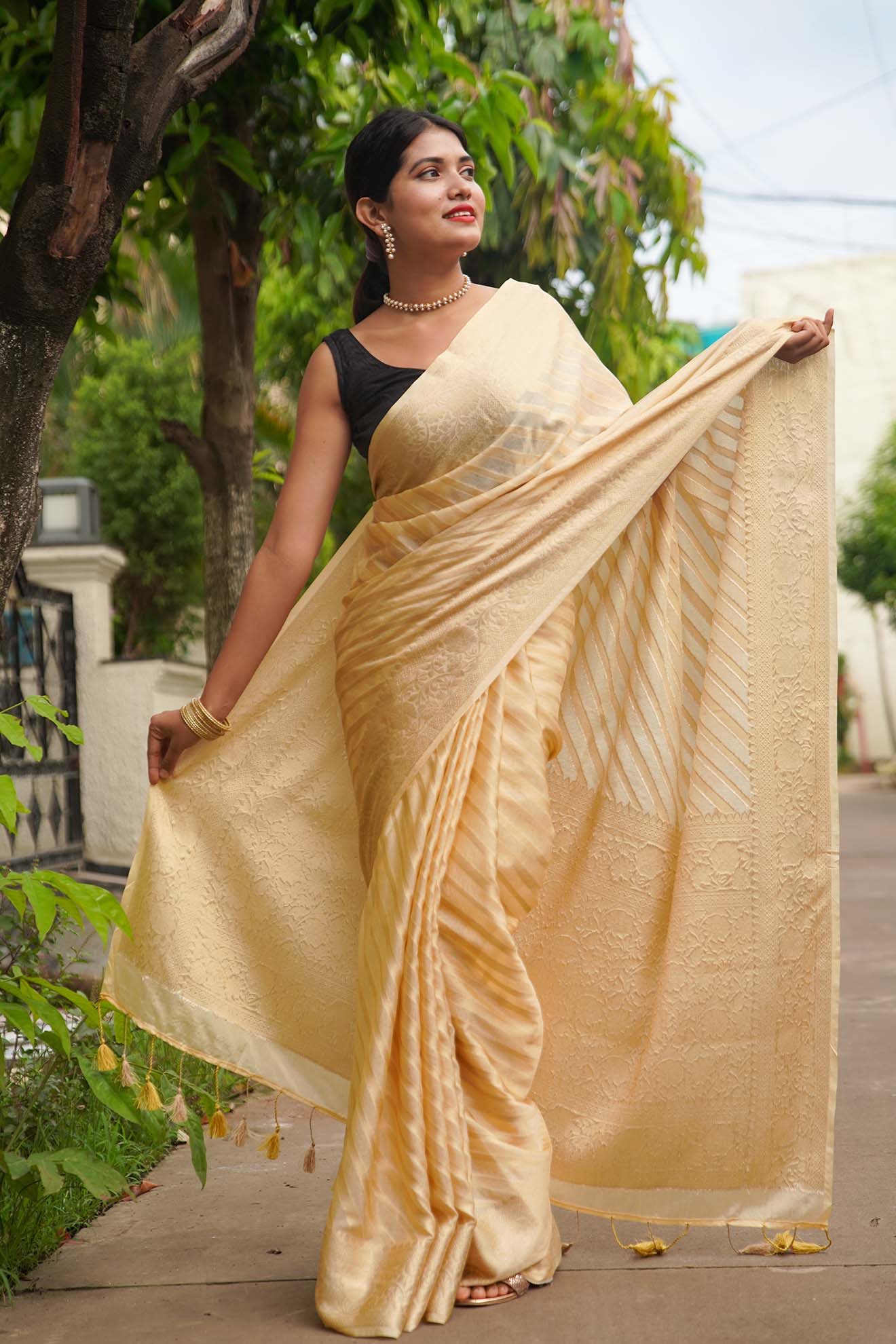 Ready to wear Rich Gold Beige Banarasi with tassels in ornate pallu Wrap in 1 minute saree - Isadora Life