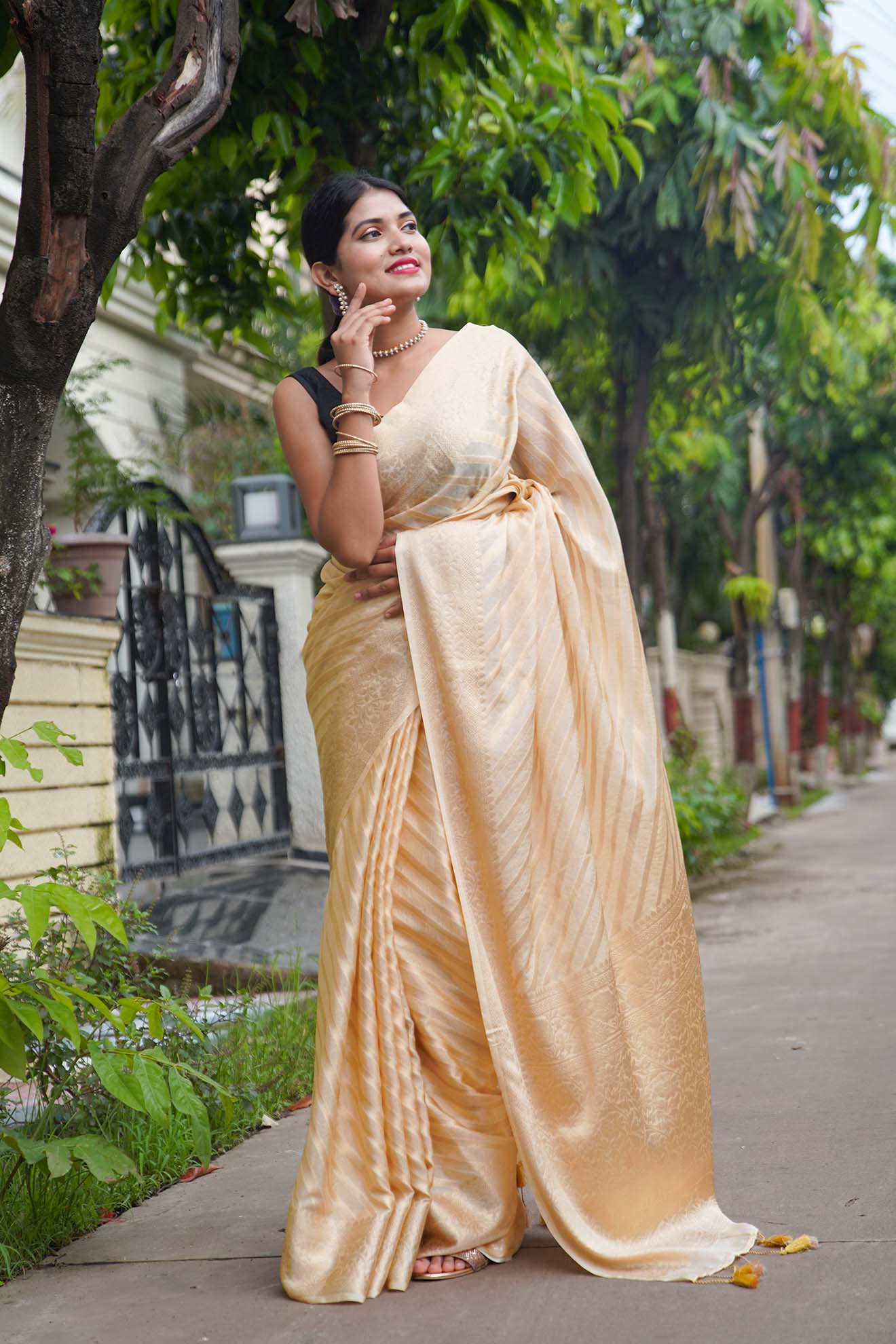 Ready to wear Rich Gold Beige Banarasi with tassels in ornate pallu Wrap in 1 minute saree - Isadora Life