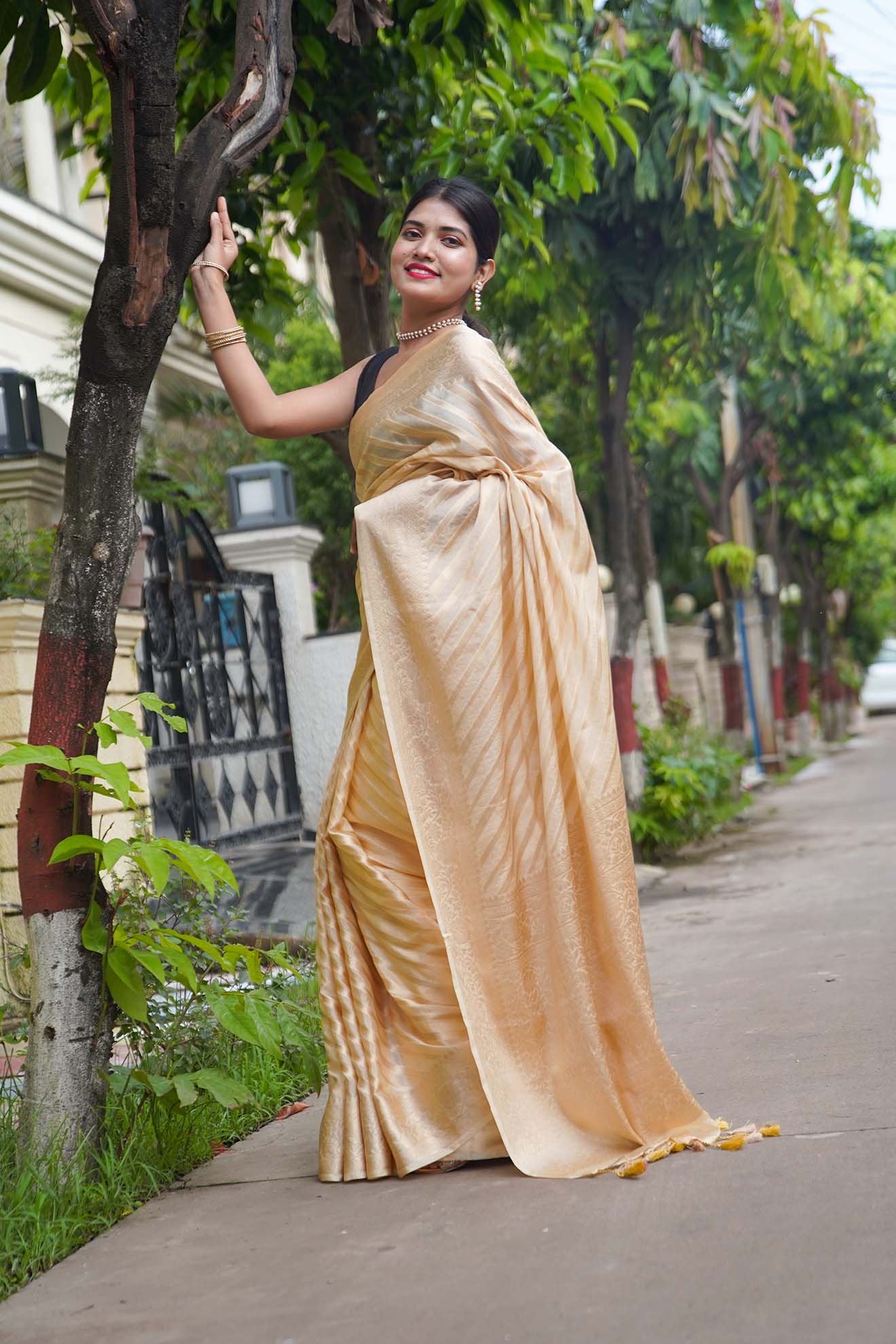 Ready to wear Rich Gold Beige Banarasi with tassels in ornate pallu Wrap in 1 minute saree - Isadora Life