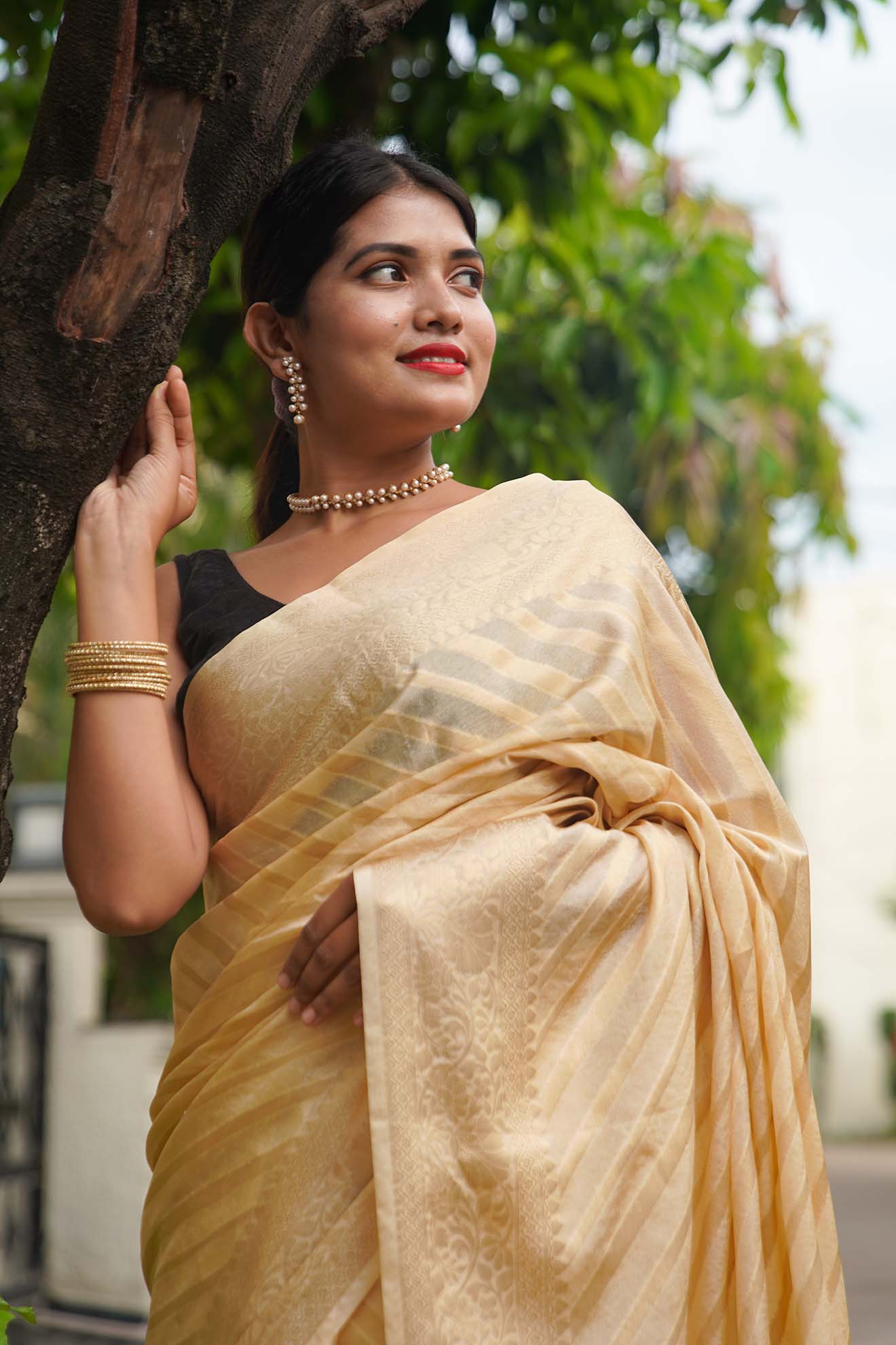 Ready to wear Rich Gold Beige Banarasi with tassels in ornate pallu Wrap in 1 minute saree - Isadora Life
