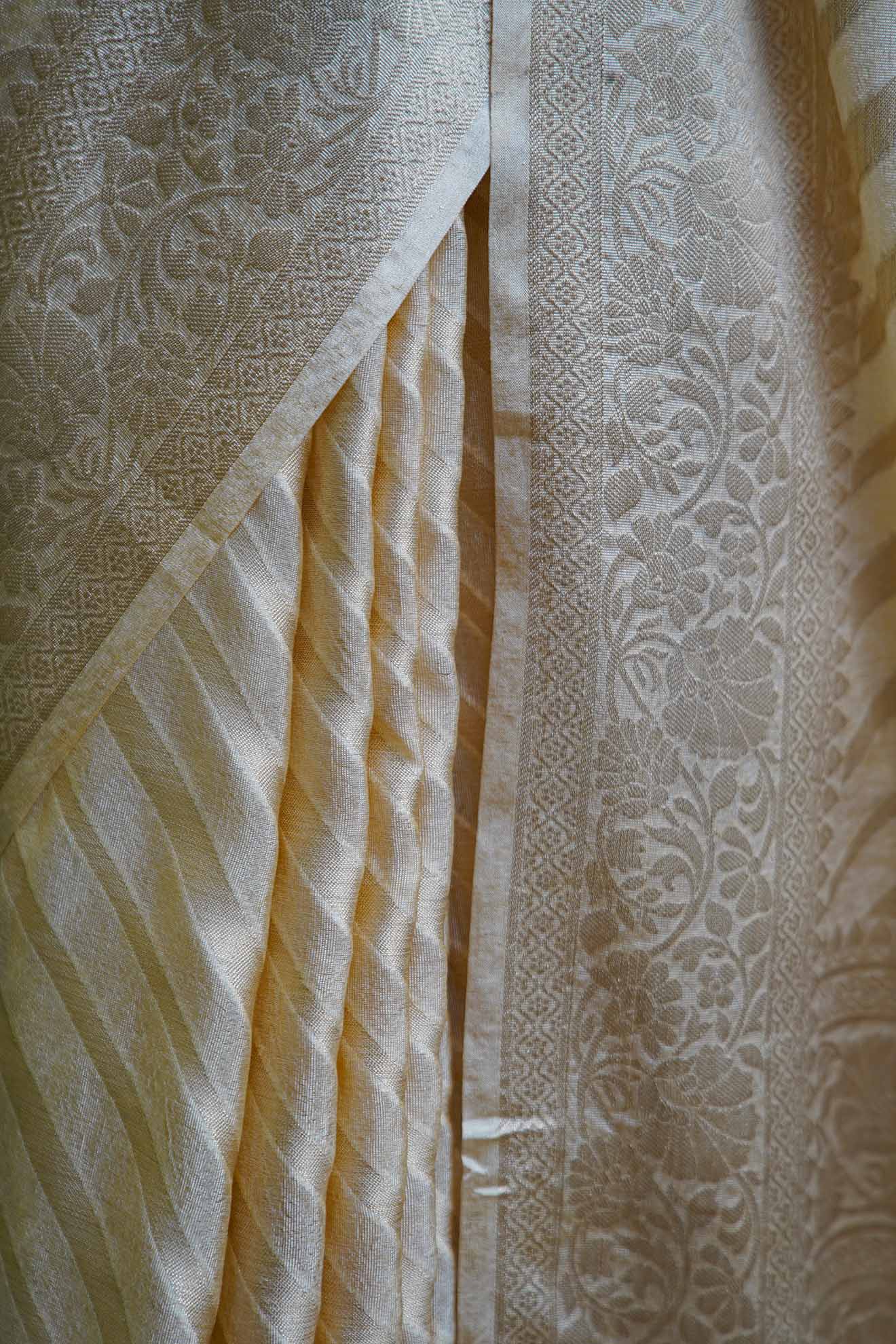 Ready to wear Rich Gold Beige Banarasi with tassels in ornate pallu Wrap in 1 minute saree - Isadora Life