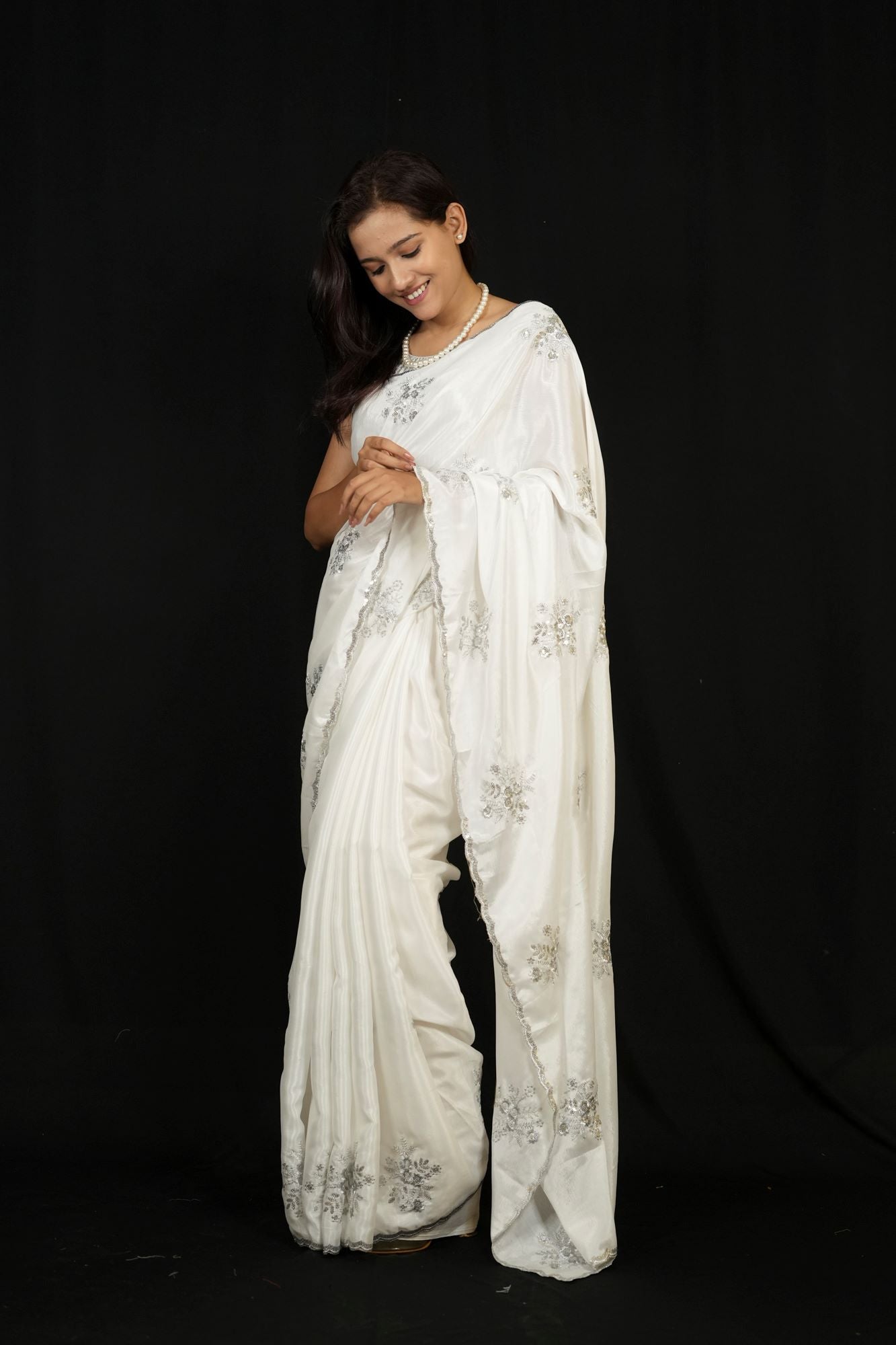 Jimi Chu with Silver Sequin Floral Embroidery & Scalloped Border Ready To Wear Saree