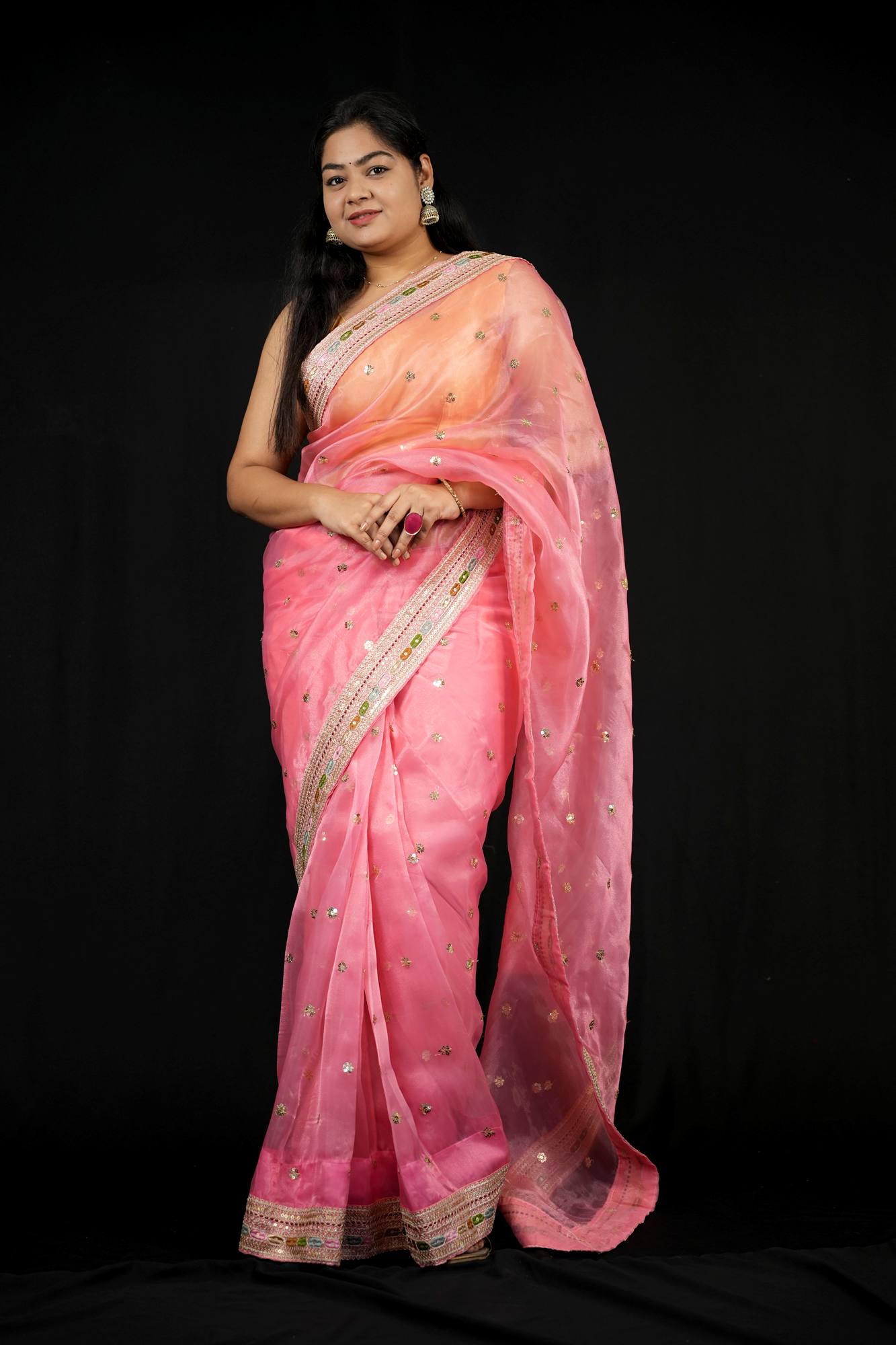 Rose Pink Tissue Silk with Intricate Mirror Embellished Border Ready To Wear Saree