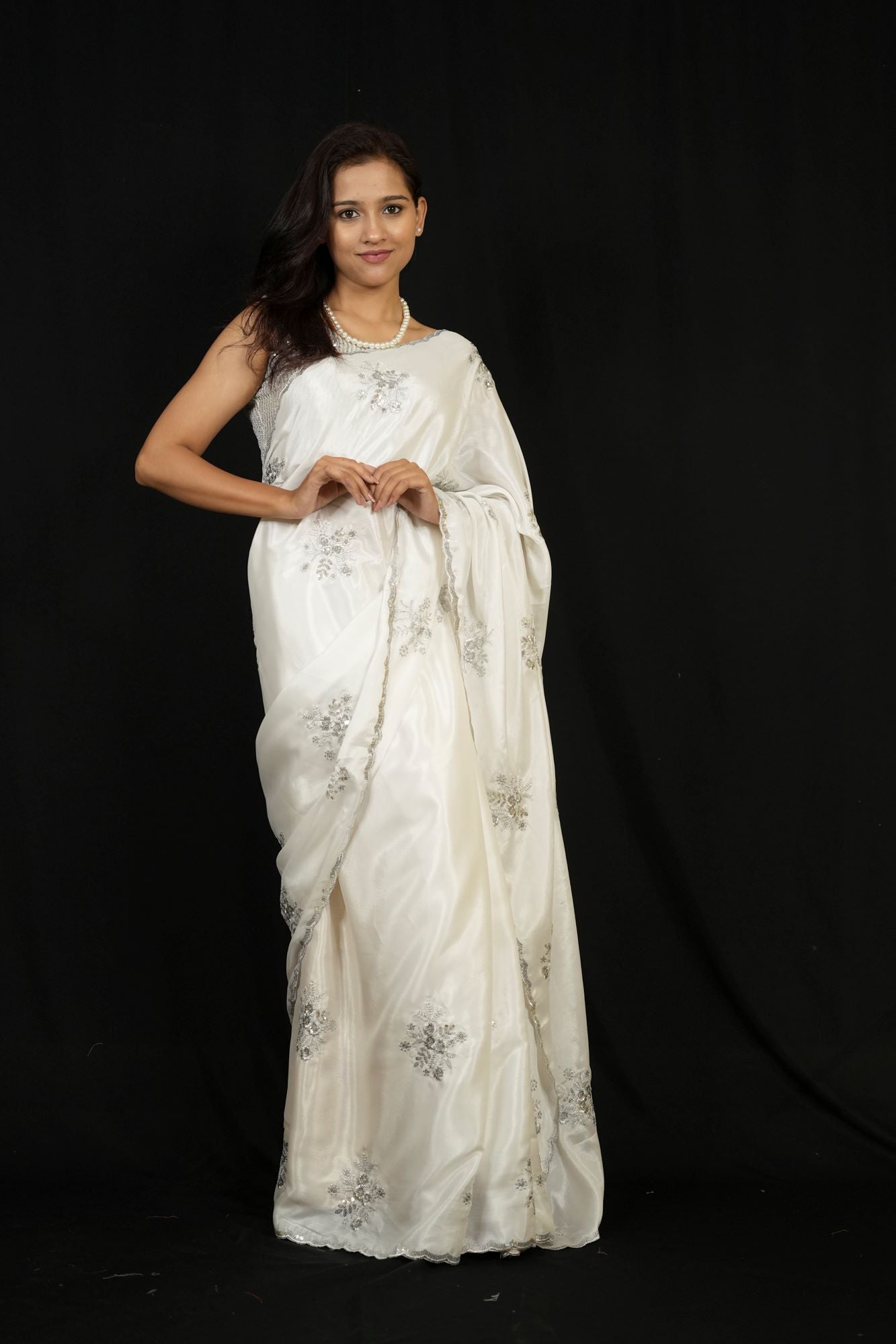 Jimi Chu with Silver Sequin Floral Embroidery & Scalloped Border Ready To Wear Saree