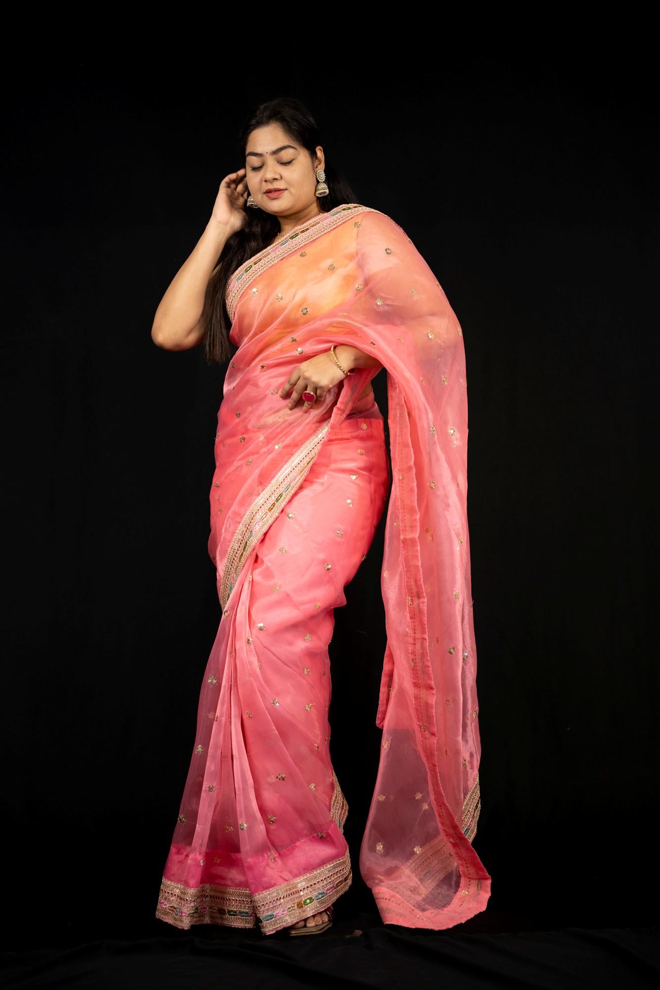 Rose Pink Tissue Silk with Intricate Mirror Embellished Border Ready To Wear Saree
