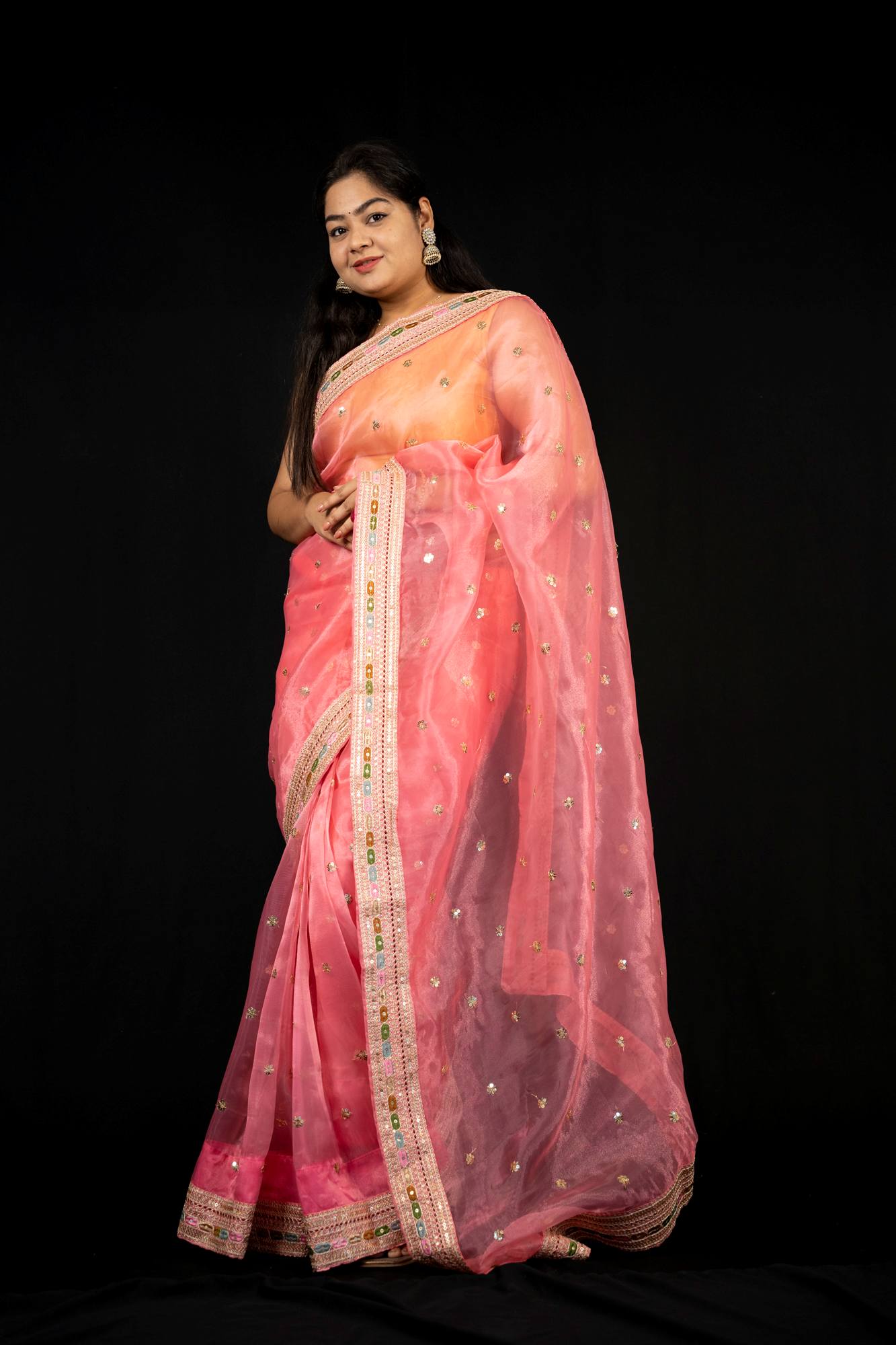 Rose Pink Tissue Silk with Intricate Mirror Embellished Border Ready To Wear Saree