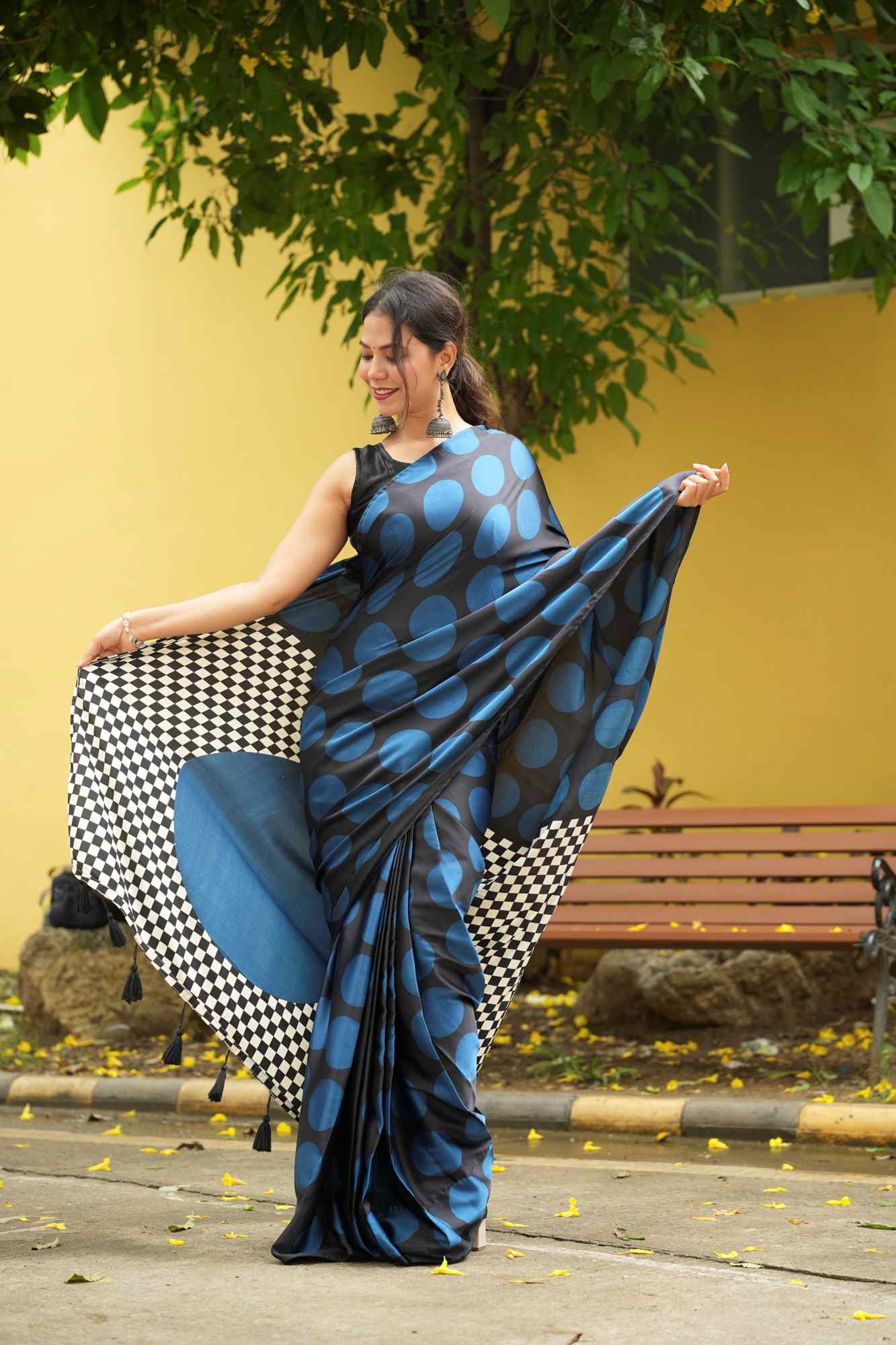 Black and Teal Crepe Silk with Polka and Geometric Pallu Ready To Wear Saree