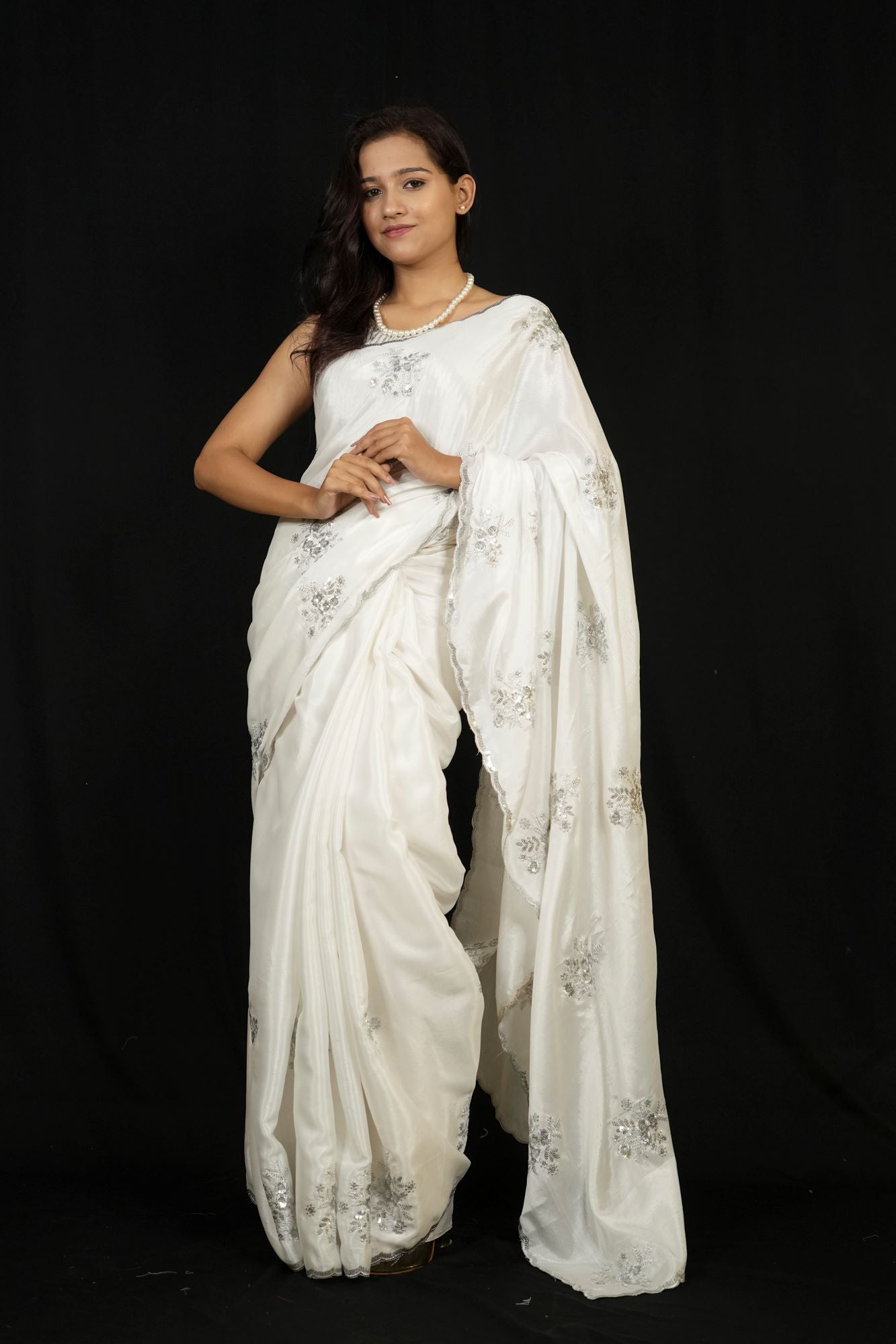Jimi Chu with Silver Sequin Floral Embroidery & Scalloped Border Ready To Wear Saree