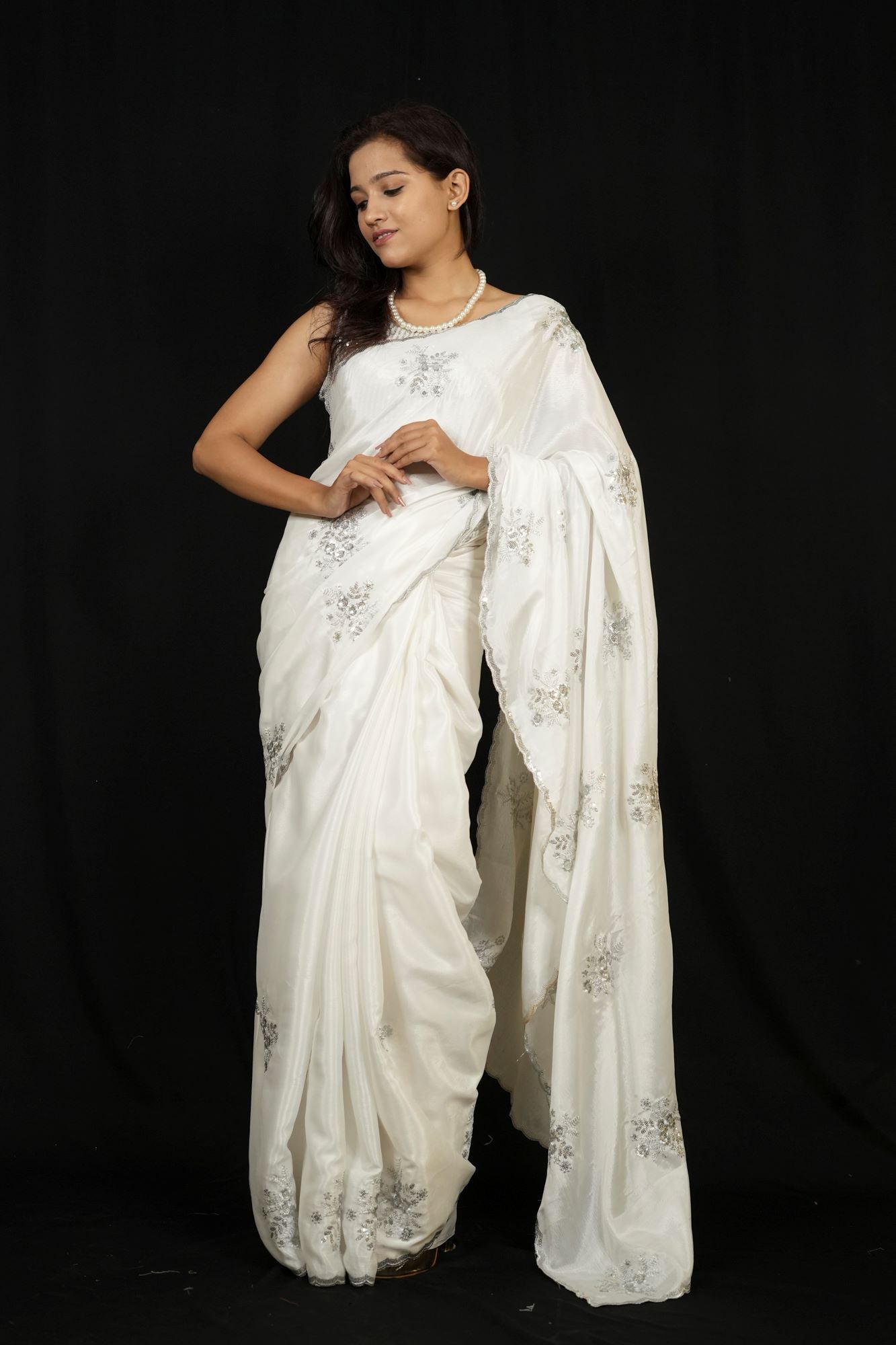 Jimi Chu with Silver Sequin Floral Embroidery & Scalloped Border Ready To Wear Saree