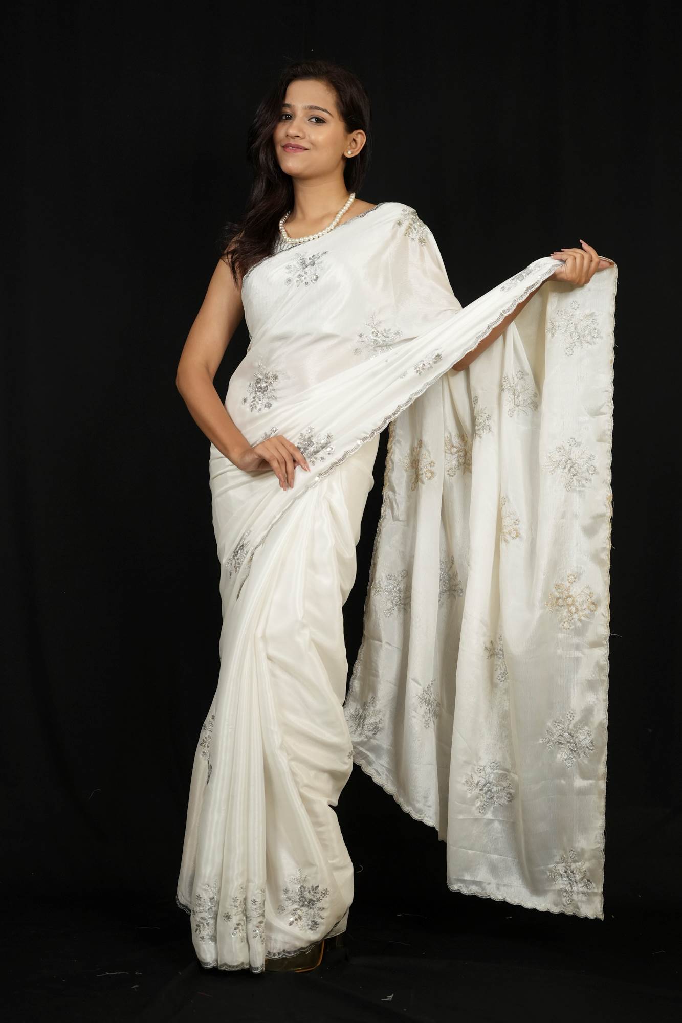 Jimi Chu with Silver Sequin Floral Embroidery & Scalloped Border Ready To Wear Saree