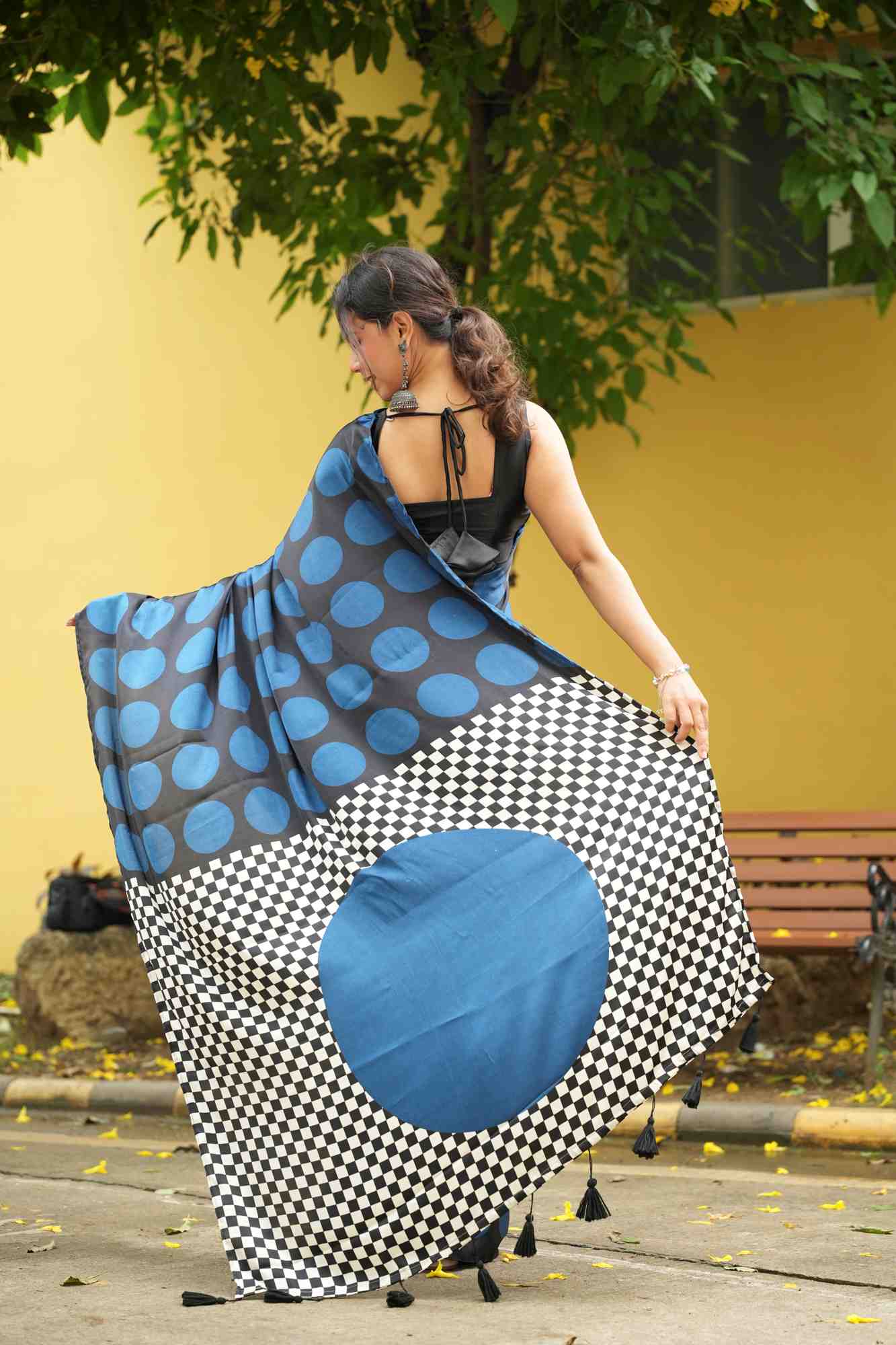 Black and Teal Crepe Silk with Polka and Geometric Pallu Ready To Wear Saree
