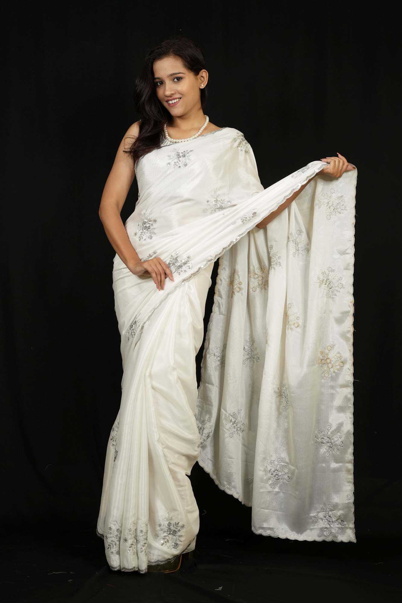 Jimi Chu with Silver Sequin Floral Embroidery & Scalloped Border Ready To Wear Saree