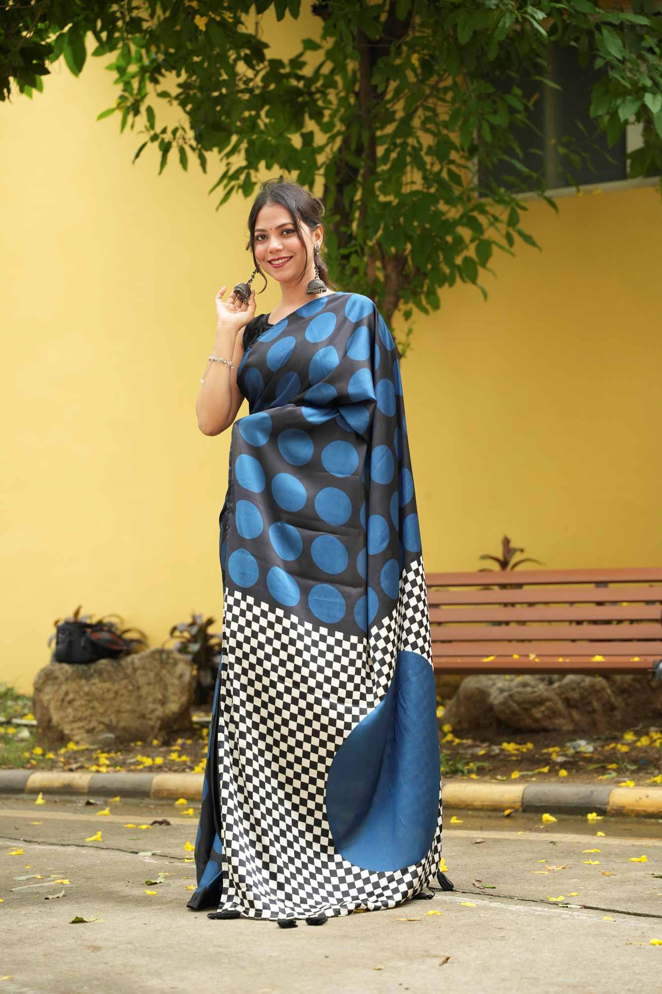 Black and Teal Crepe Silk with Polka and Geometric Pallu Ready To Wear Saree