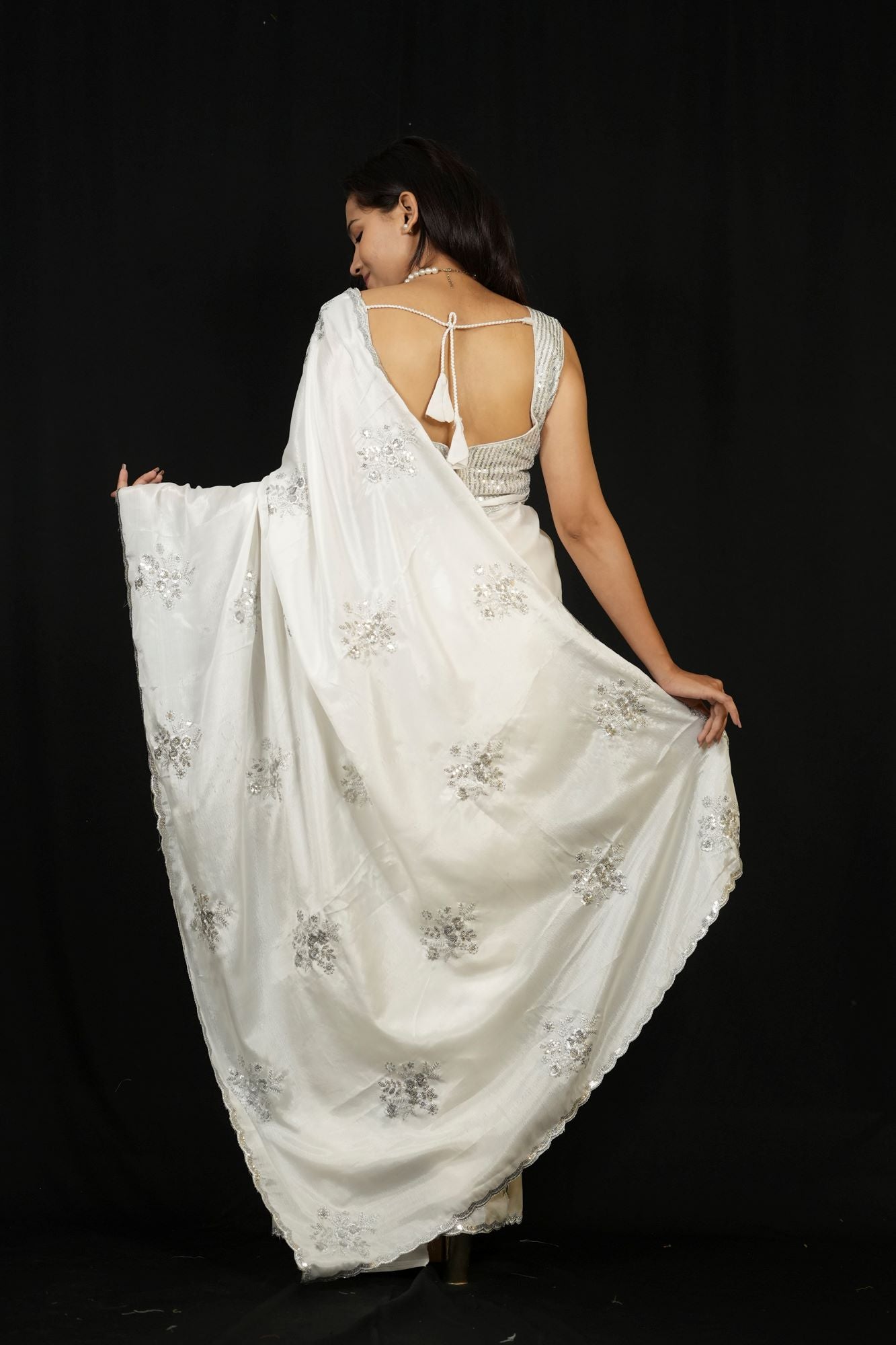 Jimi Chu with Silver Sequin Floral Embroidery & Scalloped Border Ready To Wear Saree