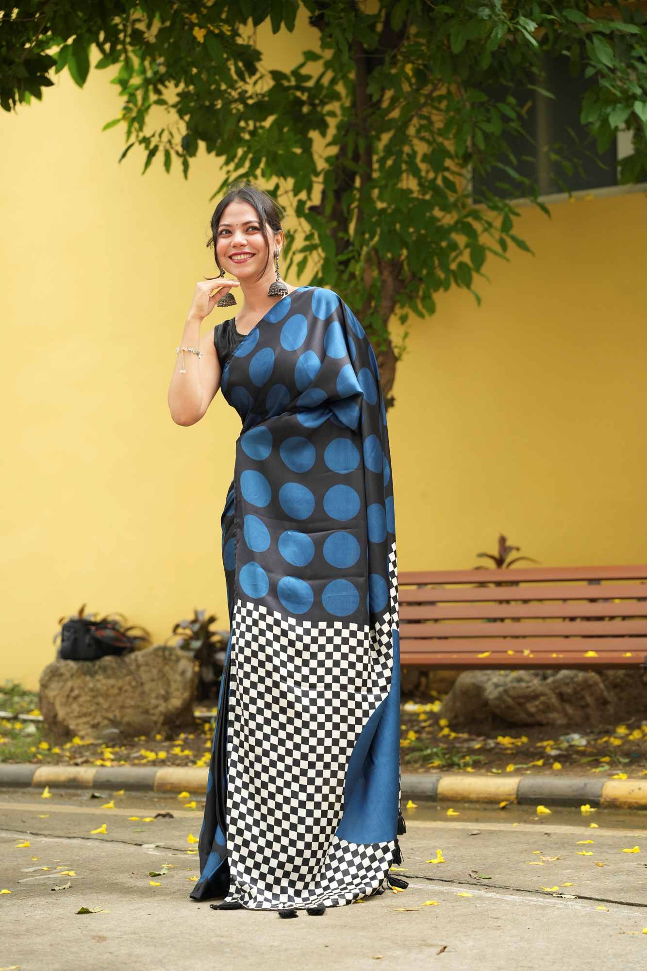 Black and Teal Crepe Silk with Polka and Geometric Pallu Ready To Wear Saree