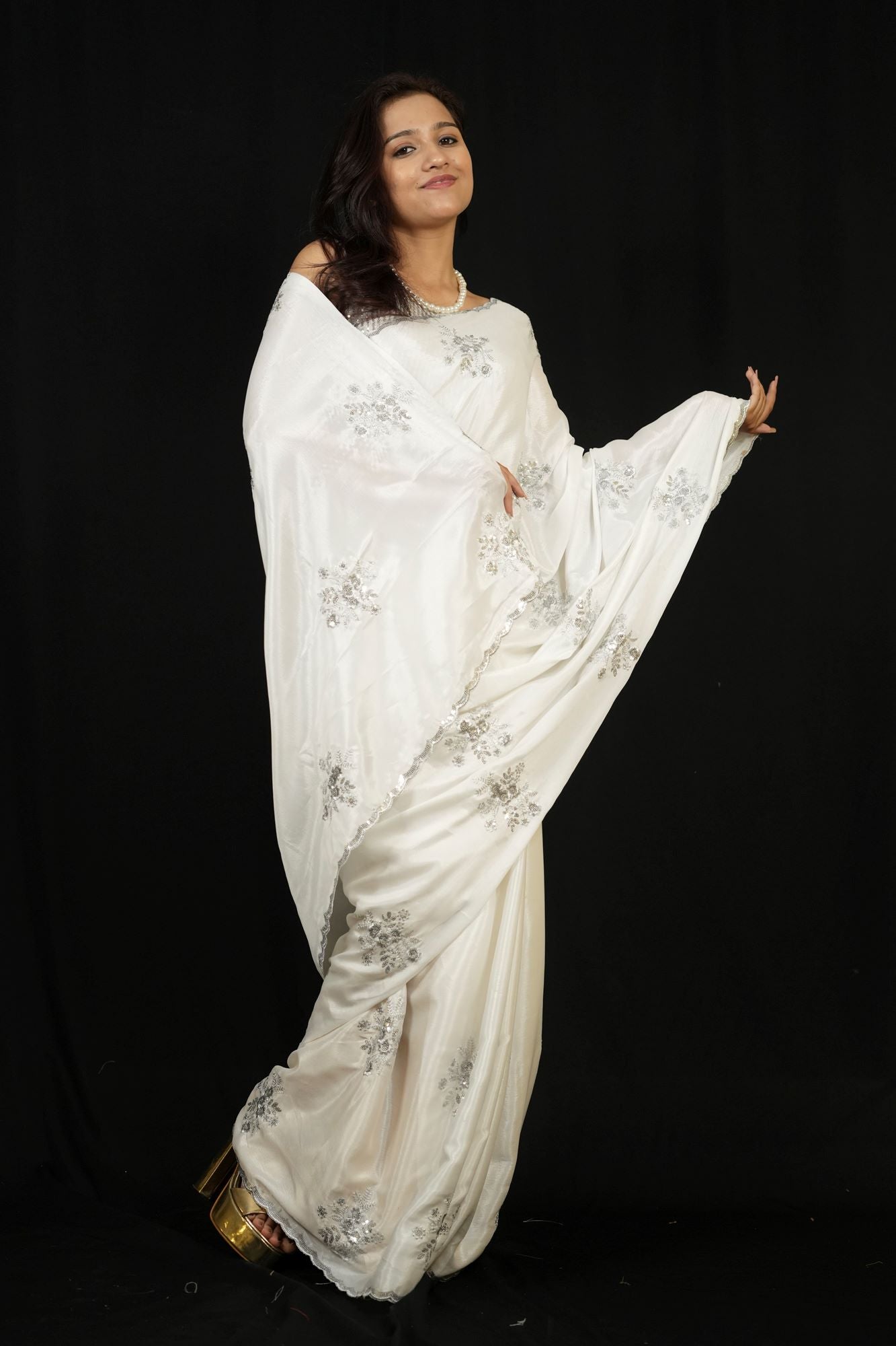 Jimi Chu with Silver Sequin Floral Embroidery & Scalloped Border Ready To Wear Saree