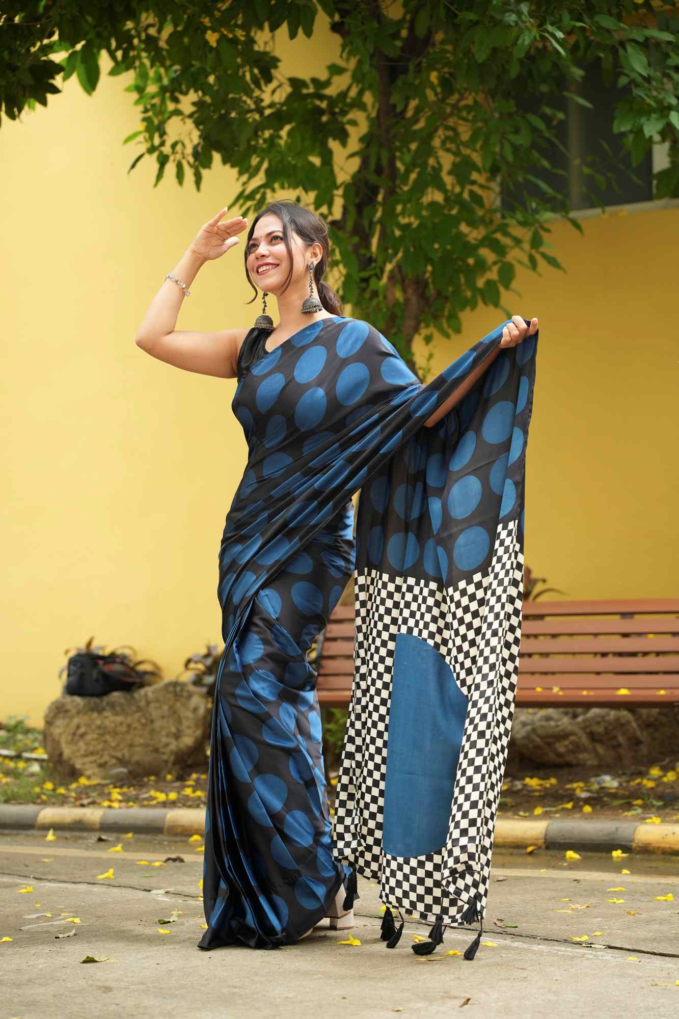 Black and Teal Crepe Silk with Polka and Geometric Pallu Ready To Wear Saree