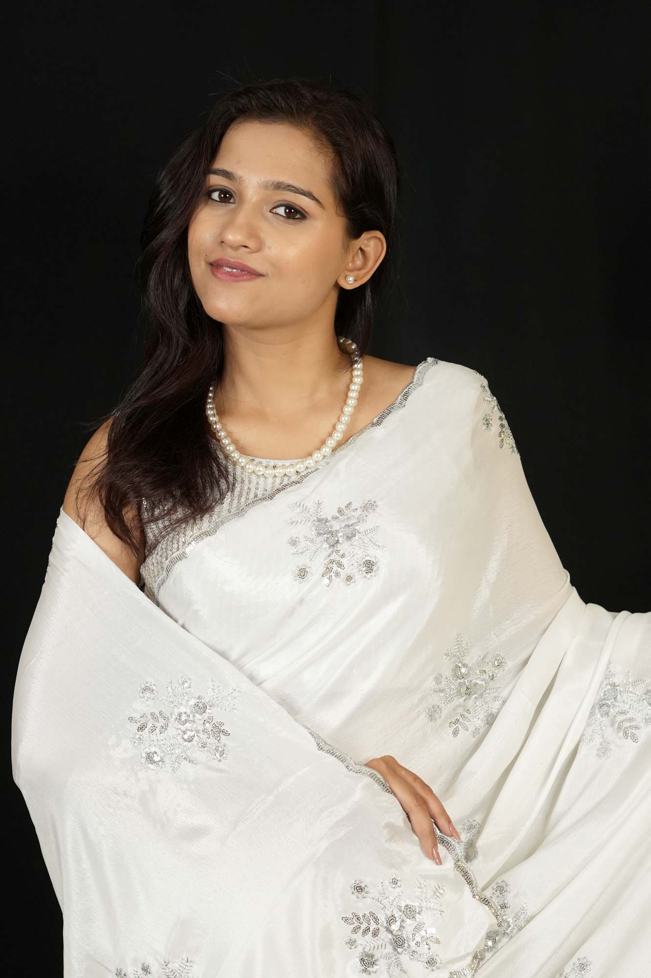 Jimi Chu with Silver Sequin Floral Embroidery & Scalloped Border Ready To Wear Saree