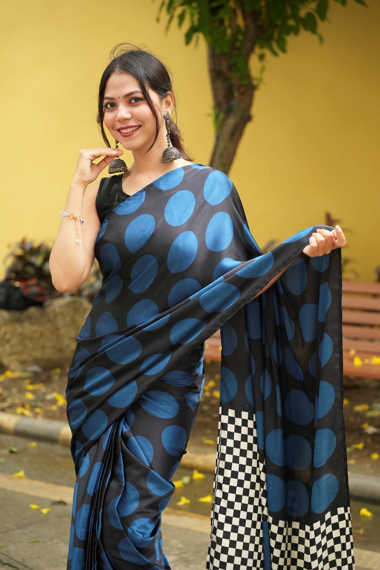 Black and Teal Crepe Silk with Polka and Geometric Pallu Ready To Wear Saree