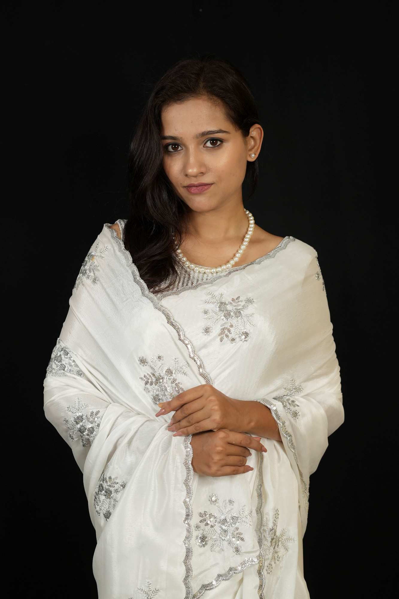 Jimi Chu with Silver Sequin Floral Embroidery & Scalloped Border Ready To Wear Saree