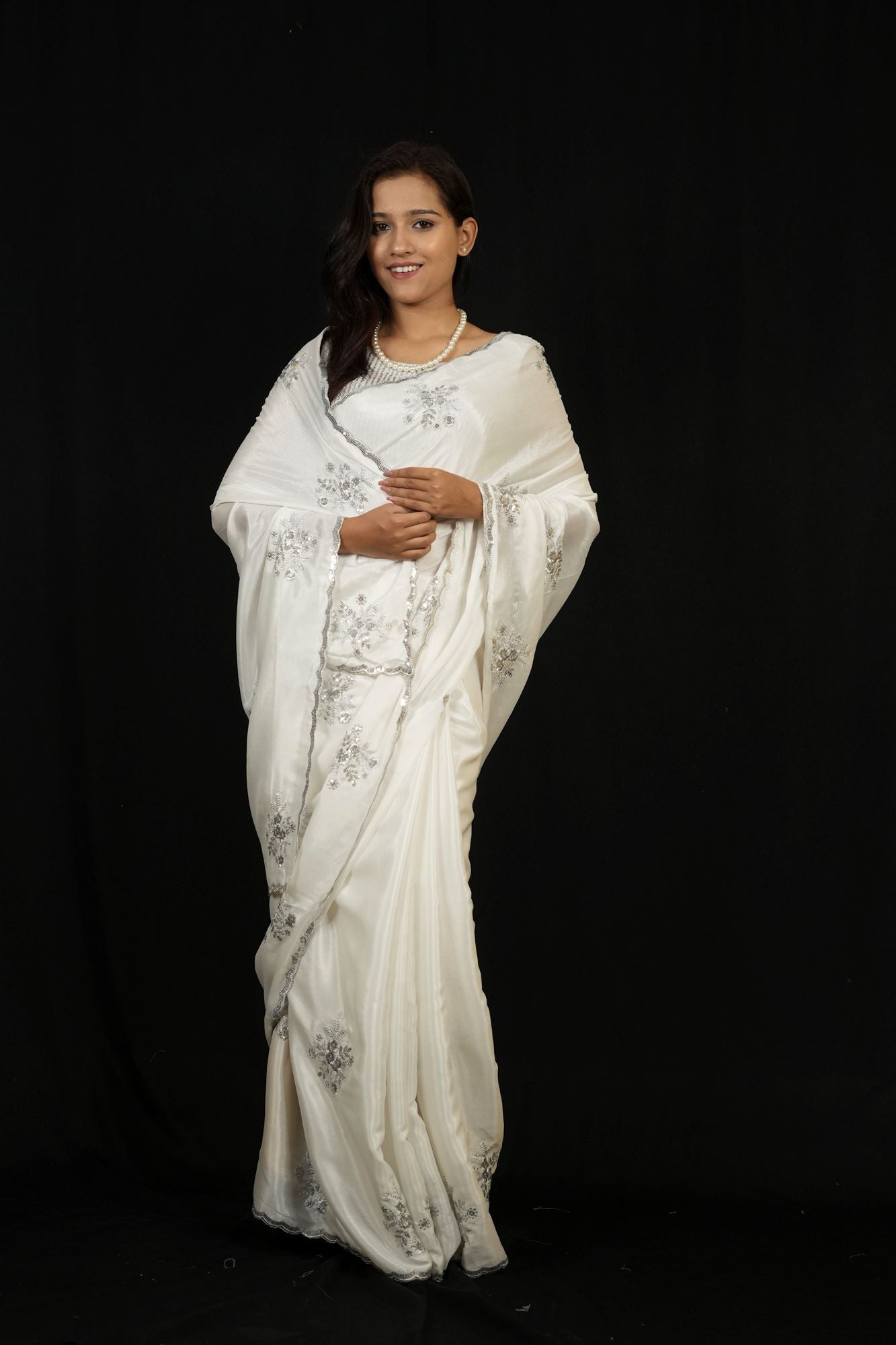 Jimi Chu with Silver Sequin Floral Embroidery & Scalloped Border Ready To Wear Saree