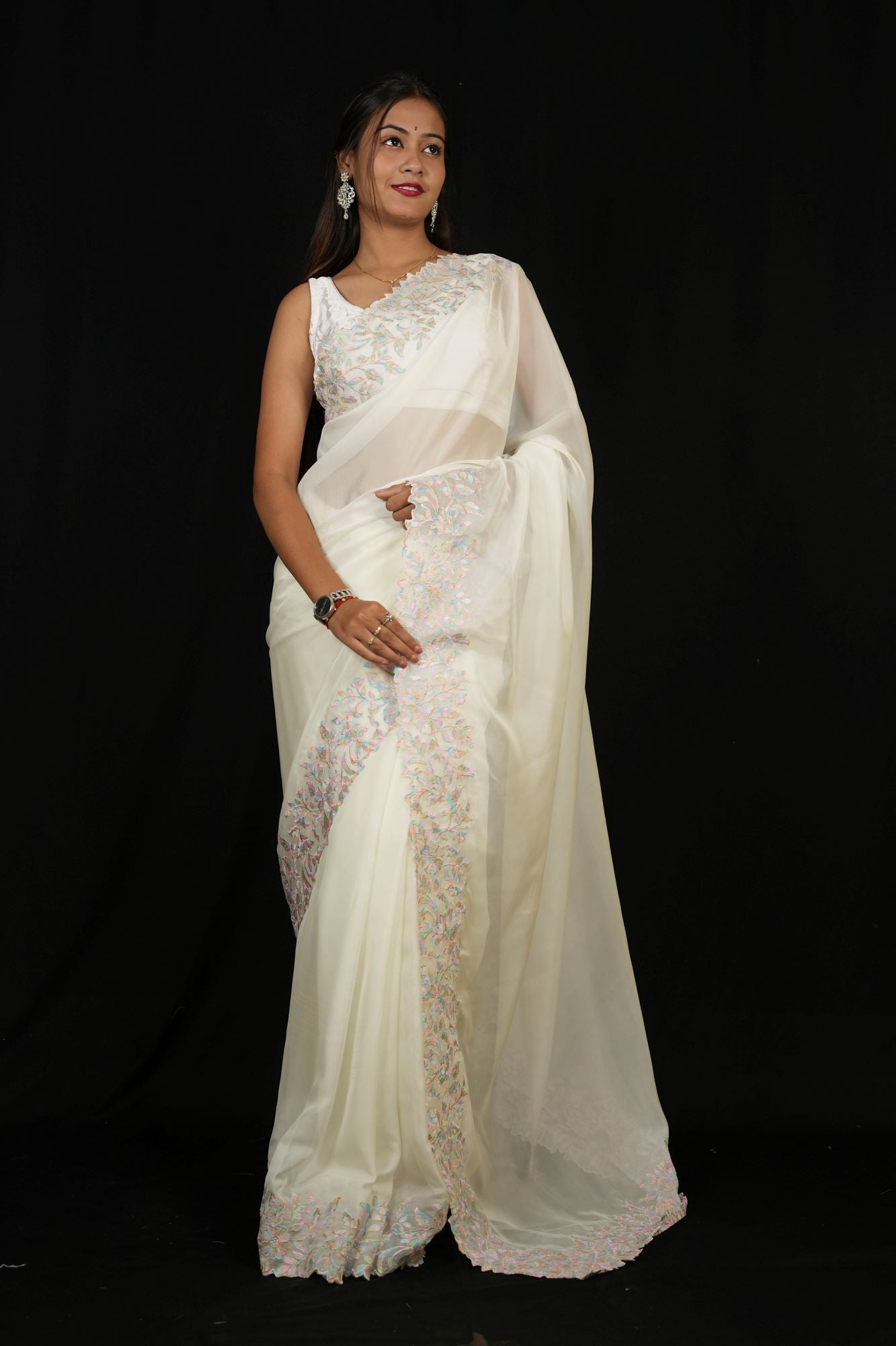 White & Pink Floral Embroidered Georgette with Scalloped Sequin Border Ready To Wear Saree