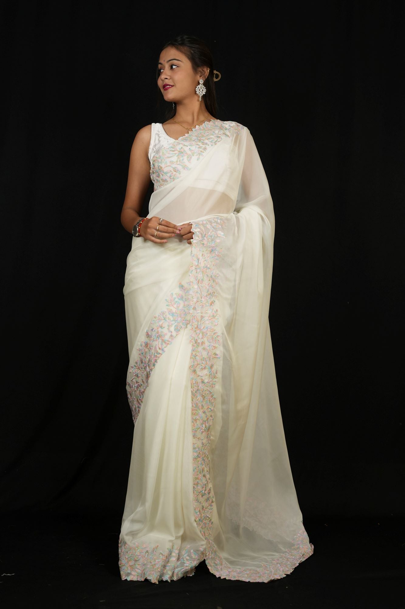 White & Pink Floral Embroidered Georgette with Scalloped Sequin Border Ready To Wear Saree