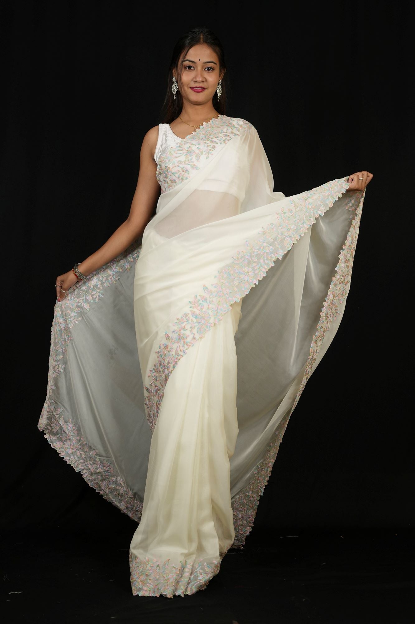 White & Pink Floral Embroidered Georgette with Scalloped Sequin Border Ready To Wear Saree