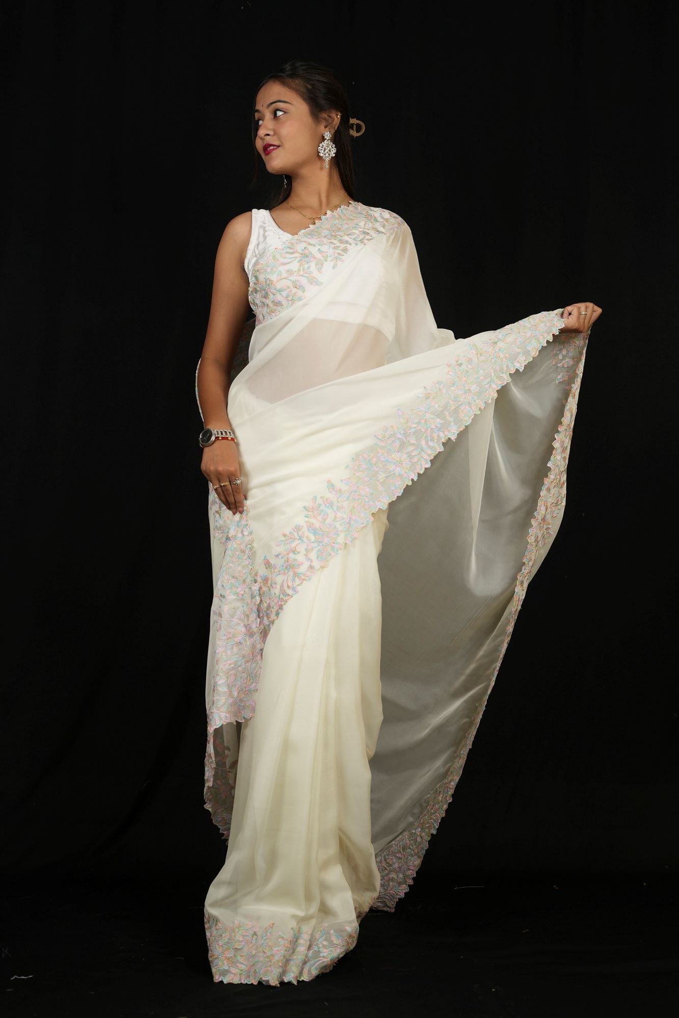White & Pink Floral Embroidered Georgette with Scalloped Sequin Border Ready To Wear Saree