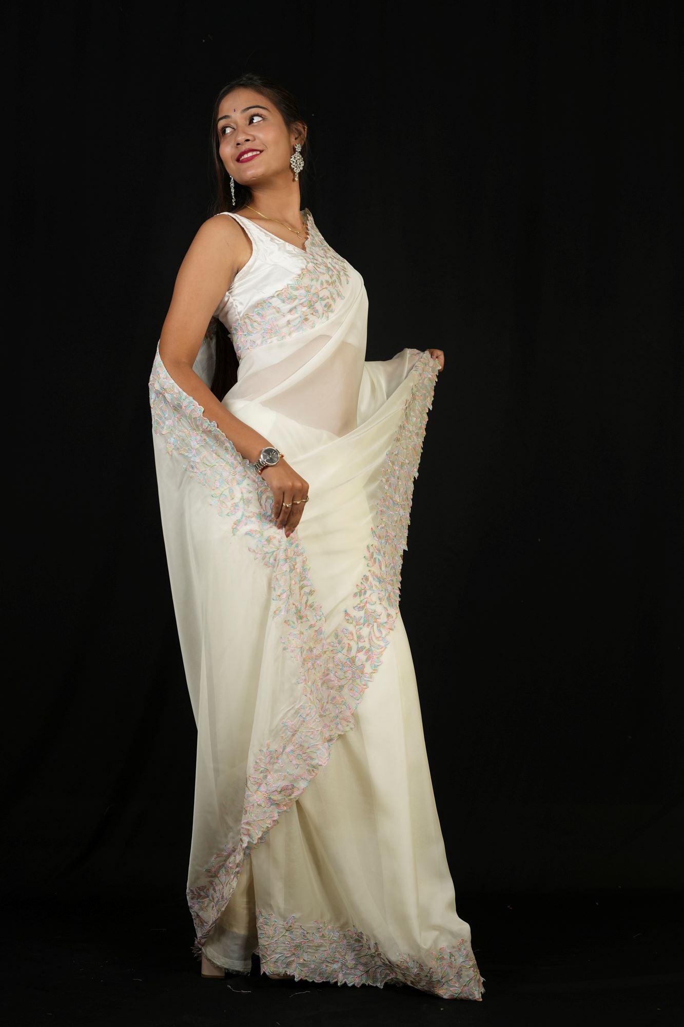 White & Pink Floral Embroidered Georgette with Scalloped Sequin Border Ready To Wear Saree