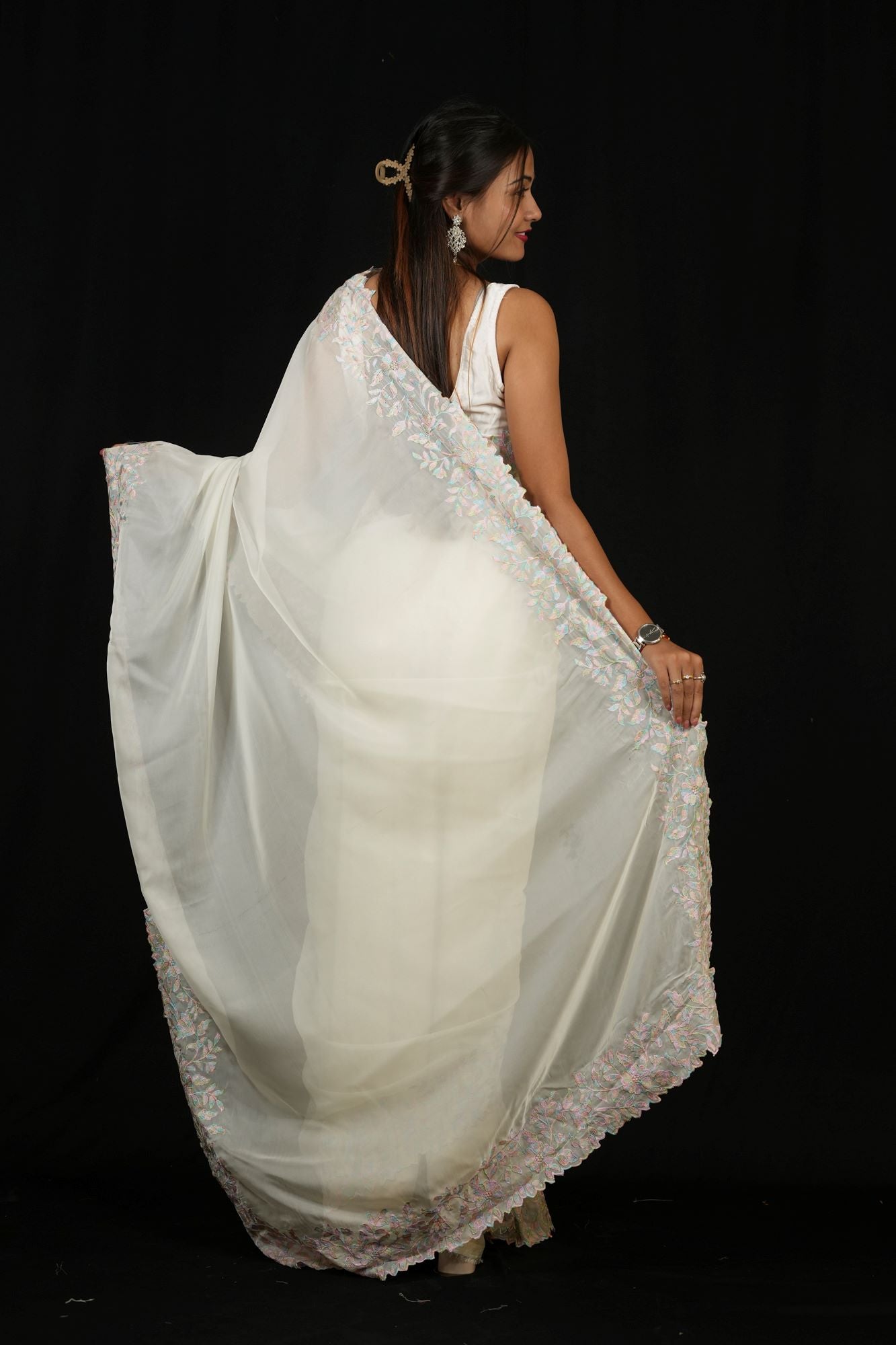 White & Pink Floral Embroidered Georgette with Scalloped Sequin Border Ready To Wear Saree