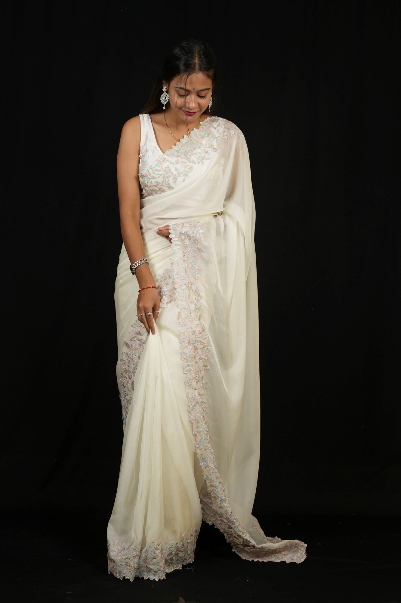 White & Pink Floral Embroidered Georgette with Scalloped Sequin Border Ready To Wear Saree