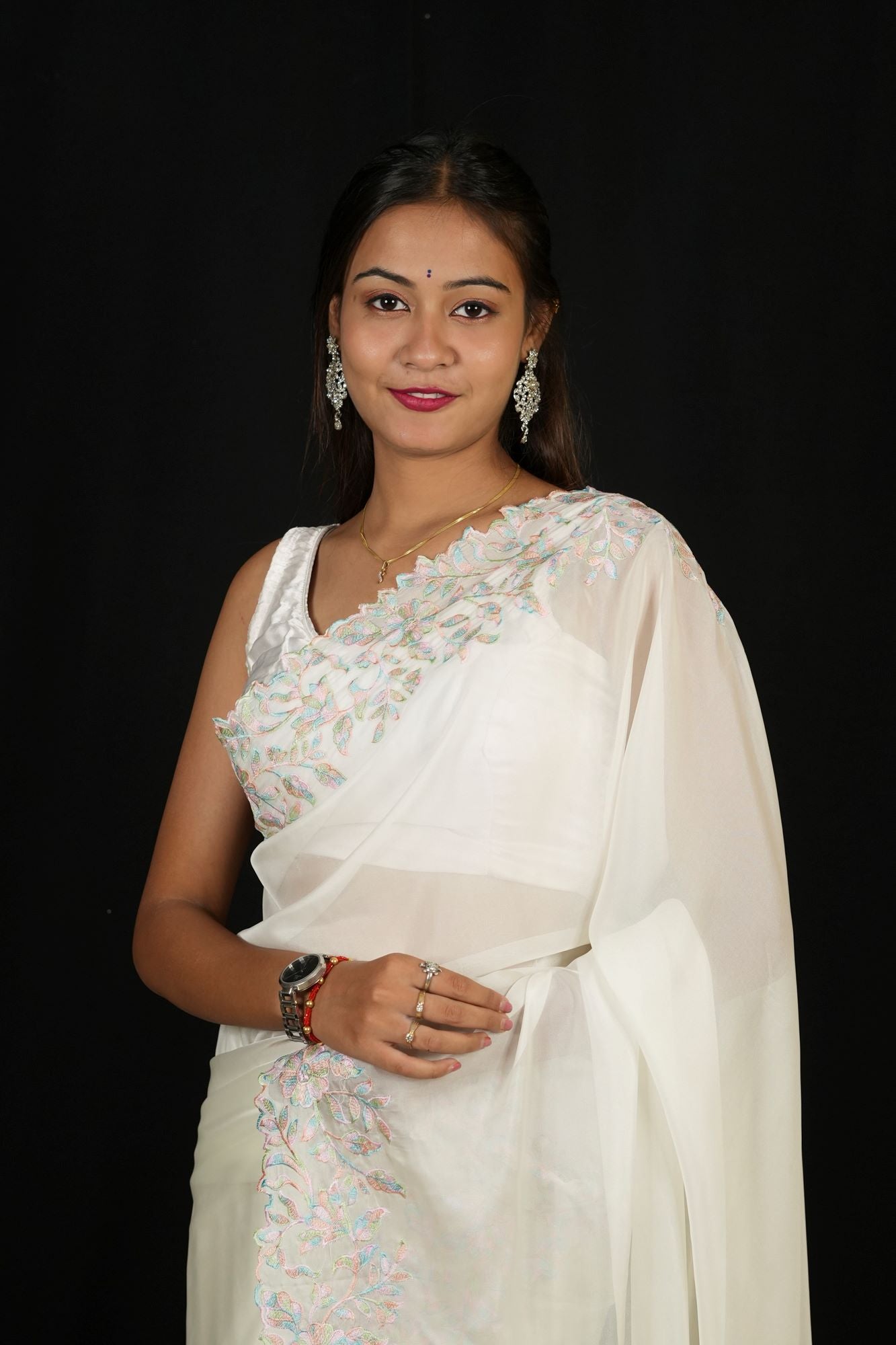 White & Pink Floral Embroidered Georgette with Scalloped Sequin Border Ready To Wear Saree