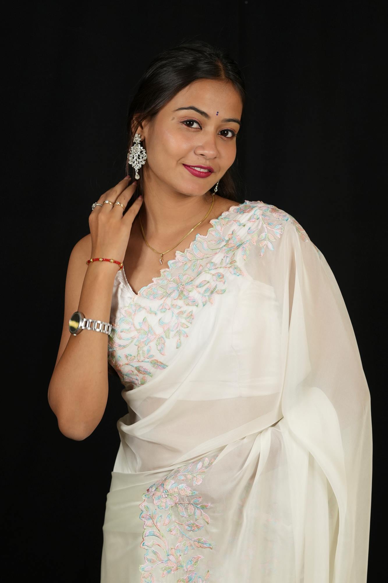 White & Pink Floral Embroidered Georgette with Scalloped Sequin Border Ready To Wear Saree