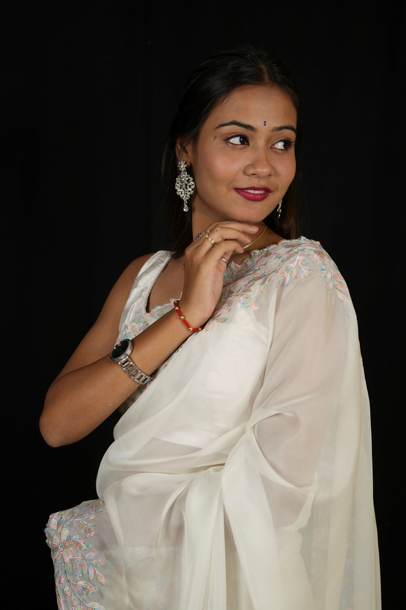 White & Pink Floral Embroidered Georgette with Scalloped Sequin Border Ready To Wear Saree